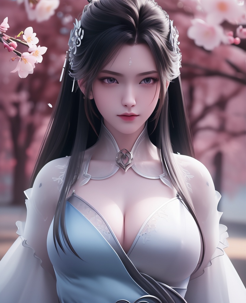 <lora:706-DA-诛仙-陆雪琪-新装束:0.8>(,1girl, ,best quality, ),looking at viewer,  ultra detailed background,ultra realistic 8k cg,ultra detailed 8k cg,masterpiece,upper body,  (( , )),, ,science fiction,mole, ultra realistic 8k cg, ,    ,outdoors, sun,sunlight, cherry blossoms,      (cleavage), (),