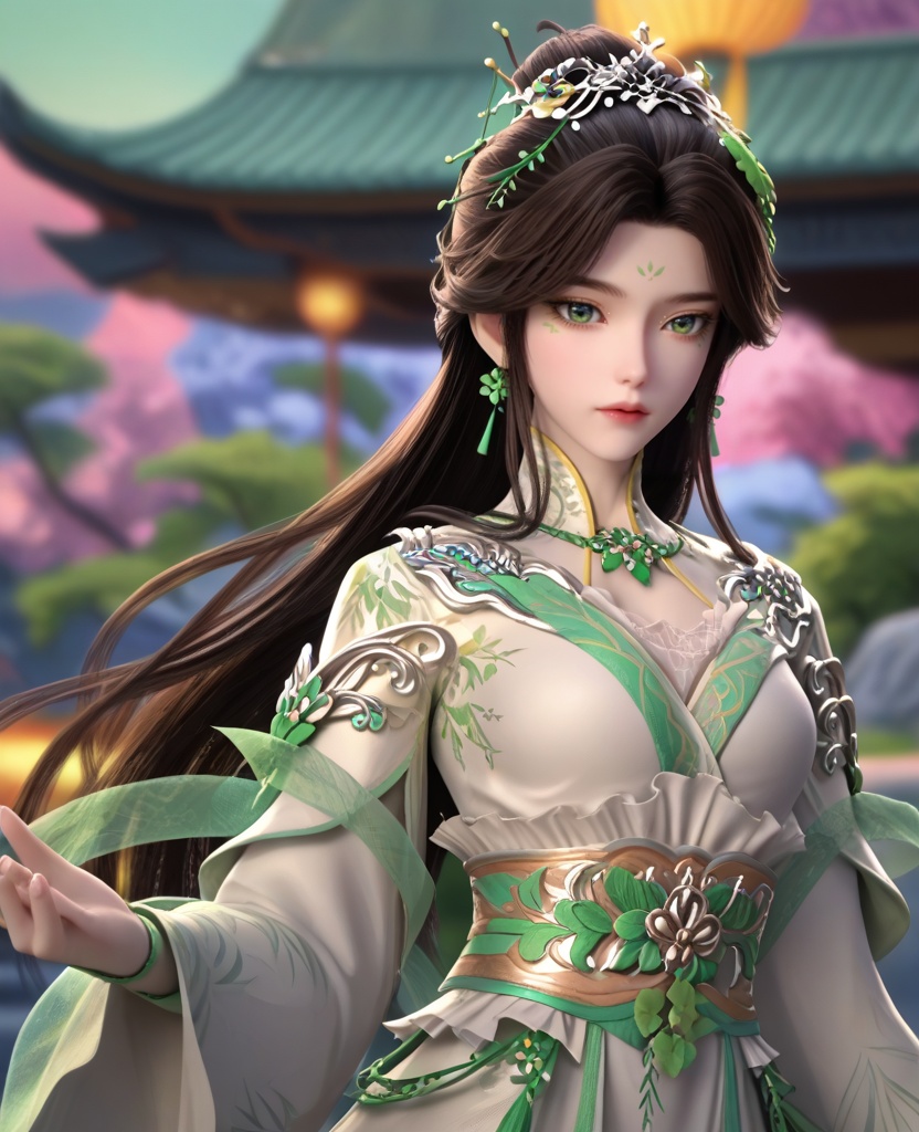 (oriental architecture, elegant decor, sophisticated style:1.1),(playing with her hair:1.1),(breasts:1.2),<lora:XL16叶罗丽青梧仙子:0.95>,miss qingwu,white tiered gown,green eyes,facial mark,eye foils,black hair,half-up crown with long cascading hair,hair ornament,very long hair,jewelry,green shawl,sash,, score_9,score_8_up,score_7_up,score_6_up,score_5_up,score_4_up,3d rendering,tag1,tag2, Cinematic Lighting,backlighting,