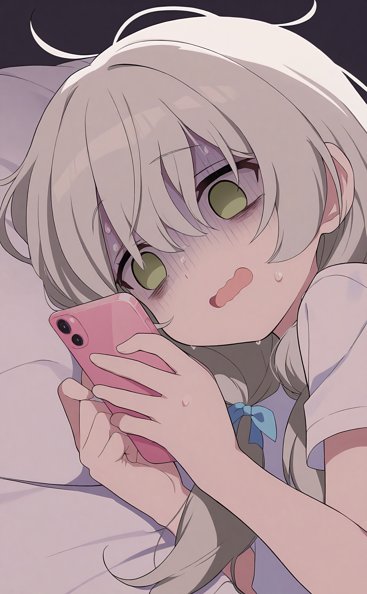 masterpiece,best quality,high quality,loli,phone,holding phone,holding,cellphone,grey hair,turn pale,bow,hair bow,green eyes,sweat,shirt,1girl,smartphone,white shirt,on side,looking at phone,lying,open mouth,gloom (expression),blue bow,empty eyes,long hair,hair rings,short sleeves,solo,hand up,low twintails,shaded face,twintails,bed sheet,no pupils,bags under eyes,on bed,nervous sweating,upper body,portrait,looking at object,under covers,hair between eyes,wavy mouth,//,<lora:BA——【noob】hans:1>,
