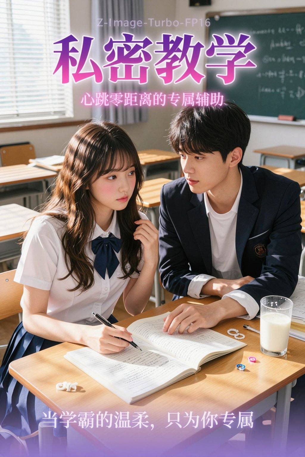 画面采用“韩式教室+暧昧光影”的聚焦构图,以暖调柔光为氛围基底,凸显“隐秘互动”的核心张力,贴合韩漫标志性的细腻质感与情感浓度,[主体场景],午后的韩式私立高中教室,阳光透过百叶窗斜切而入,在木质课桌上投下明暗交错的条纹光影,桌面铺着摊开的数学课本,笔记本与黑色水笔,笔记本上写着娟秀的韩文笔记,角落散落着几颗薄荷糖与半杯温热的牛奶,背景是整齐排列的课桌椅,远处黑板写着模糊的公式,窗帘是浅灰色亚麻材质,半掩着窗外的绿树,整体场景简洁却暗藏暧昧,[核心人物],- 女生：坐在课桌前,身着韩式蓝白水手服（白色衬衫+藏青领结+百褶裙),长发微卷披散肩头,发尾垂落在锁骨处,脸颊泛着淡淡的红晕,眼神清澈却带着一丝羞涩,睫毛纤长,嘴唇涂着淡粉色唇釉,一手握着水笔悬在笔记本上,另一手轻轻拽着衣角,身体微微前倾,目光望向身旁的男生,- 男生：坐在女生右侧,身着韩式深色校服外套（内搭白色T恤),领口微敞,袖口挽起露出小臂,短发利落,眉眼俊朗,眼神温柔带着宠溺,嘴角噙着浅浅笑意,一手撑在课桌上,指尖轻轻点在女生的笔记本上,似在讲解题目,另一手自然搭在椅背上,姿态放松却带着隐秘的保护欲,两人距离极近,发丝几乎相触,[文案设计],- 主标题：《私密教学》（居中偏上,韩式粗体艺术字,颜色从深紫渐变至粉红,字体边缘带轻微光泽特效,笔画粗细错落,兼具精致感与张力),- 副标题：“心跳零距离的专属辅导”（主标题下方,浅粉色细体字,字间距宽松,带淡淡的光晕效果,贴合暧昧氛围),- 底部文案：“当学霸的温柔,只为你专属”（底部居中,白色字体,背景叠加浅紫色渐变条,增强可读性),[细节点缀],两人之间的课桌上,放着一枚银色戒指（男生的配饰）与一个粉色发圈（女生的配饰),暗示羁绊,阳光在女生的发梢与男生的肩头形成柔和光斑,增强画面层次感,笔记本上的韩文笔记旁,画着一个小小的笑脸涂鸦,整体色调以粉白,light purple long upper shan,原木色为主,光影柔和细腻,线条流畅干净,符合韩漫封面“高颜值+强氛围+暧昧感”的核心特质,背景顶部写着半透明色“Z-Image-Turbo-FP16”。