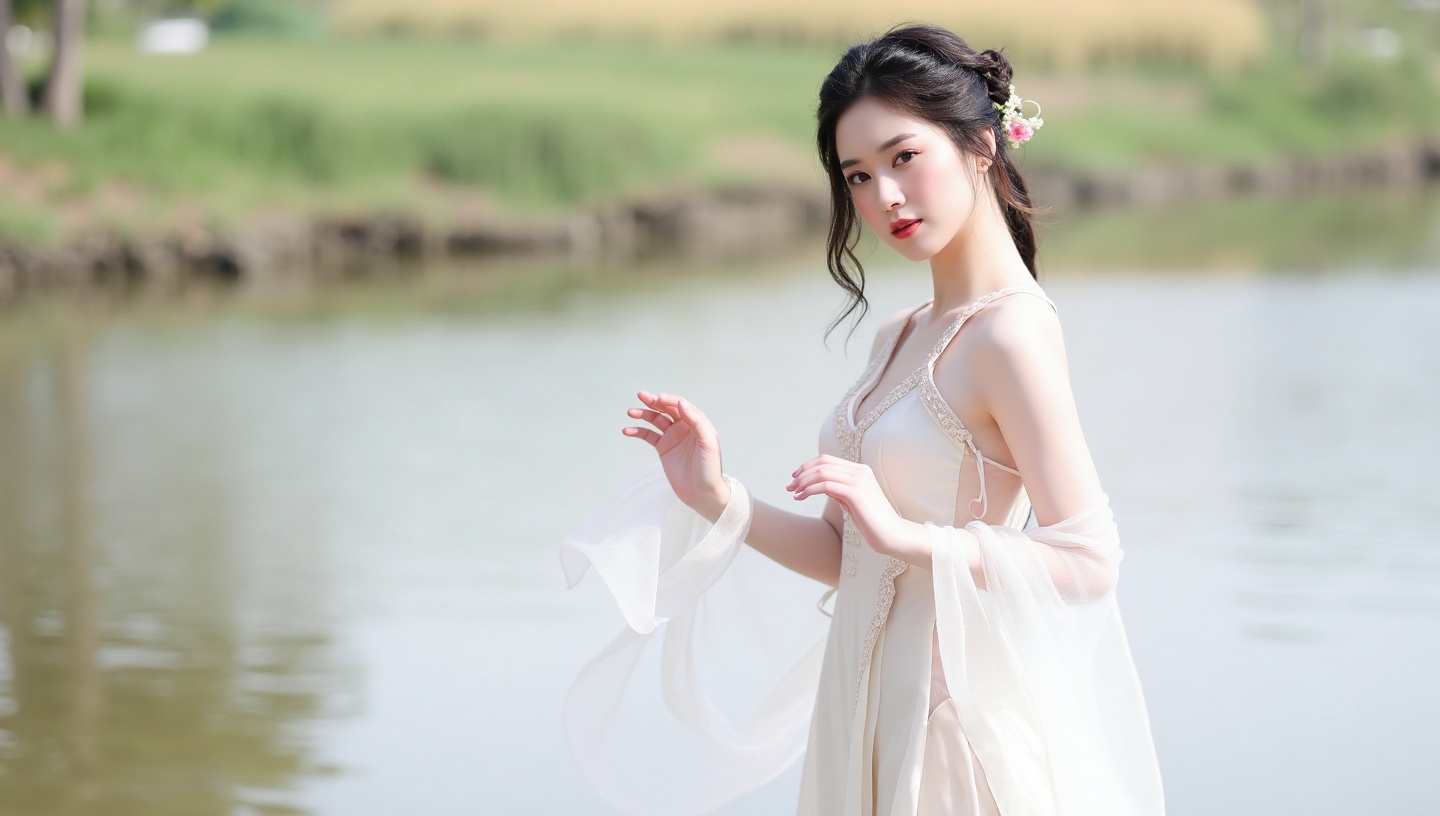 A sexy Chinese woman dressed in a transparent,A sexy Chinese woman dressed in a transparent, light-colored Hanfu, a beautiful bride wearing a white wedding dress, standing by the riverside.