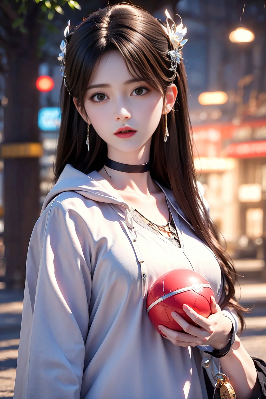 masterpiece,best quality,(\meng ze\),<lora:温馨的动画场景:0.6>,<lora:光效强化:0.6>,<lora:火灵儿:0.8>,1girl, long hair, solo, black hair, jewelry, earrings, hair ornament, hood, choker, ball, holding, hoodie, blurry background, blurry, looking at viewer, white hoodie, white choker, holding ball, closed mouth