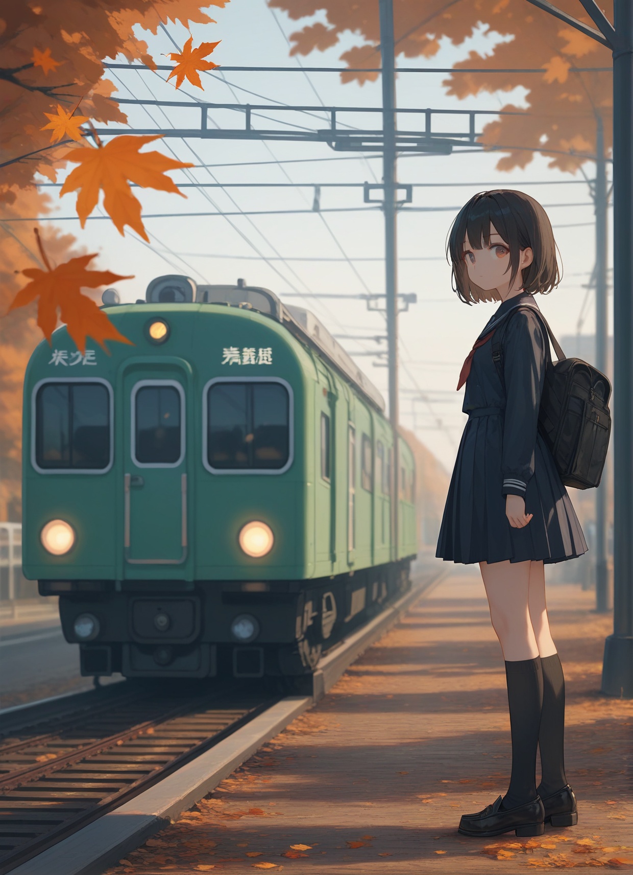 score_9,score_8_up,score_7_up,1girl,solo,autumn leaves,socks,black hair,shoes,bag,looking at viewer,black socks,school uniform,standing,train station,railroad tracks,skirt,ground vehicle,outdoors,blurry,train,autumn,bangs,long sleeves,loafers,kneehighs,black footwear,pleated skirt,full body,serafuku,depth of field,from side,leaf,looking to the side,short hair,closed mouth,backpack,reflection,maple leaf,