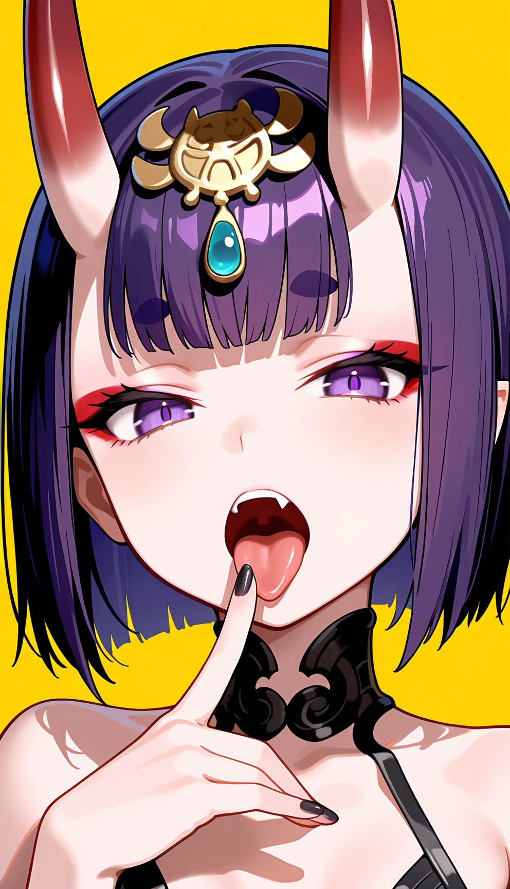 1girl,solo,tongue,shuten douji \(fate\),purple eyes,tongue out,bangs,looking at viewer,makeup,black nails,short hair,purple hair,fang,nail polish,bob cut,eyeliner,oni horns,yellow background,eyeshadow,eyelashes,short eyebrows,fingernails,blunt bangs,open mouth,finger to mouth,thick eyebrows,(upper body:2),, best quality,amazing quality,very aesthetic,absurdres,masterpiece,