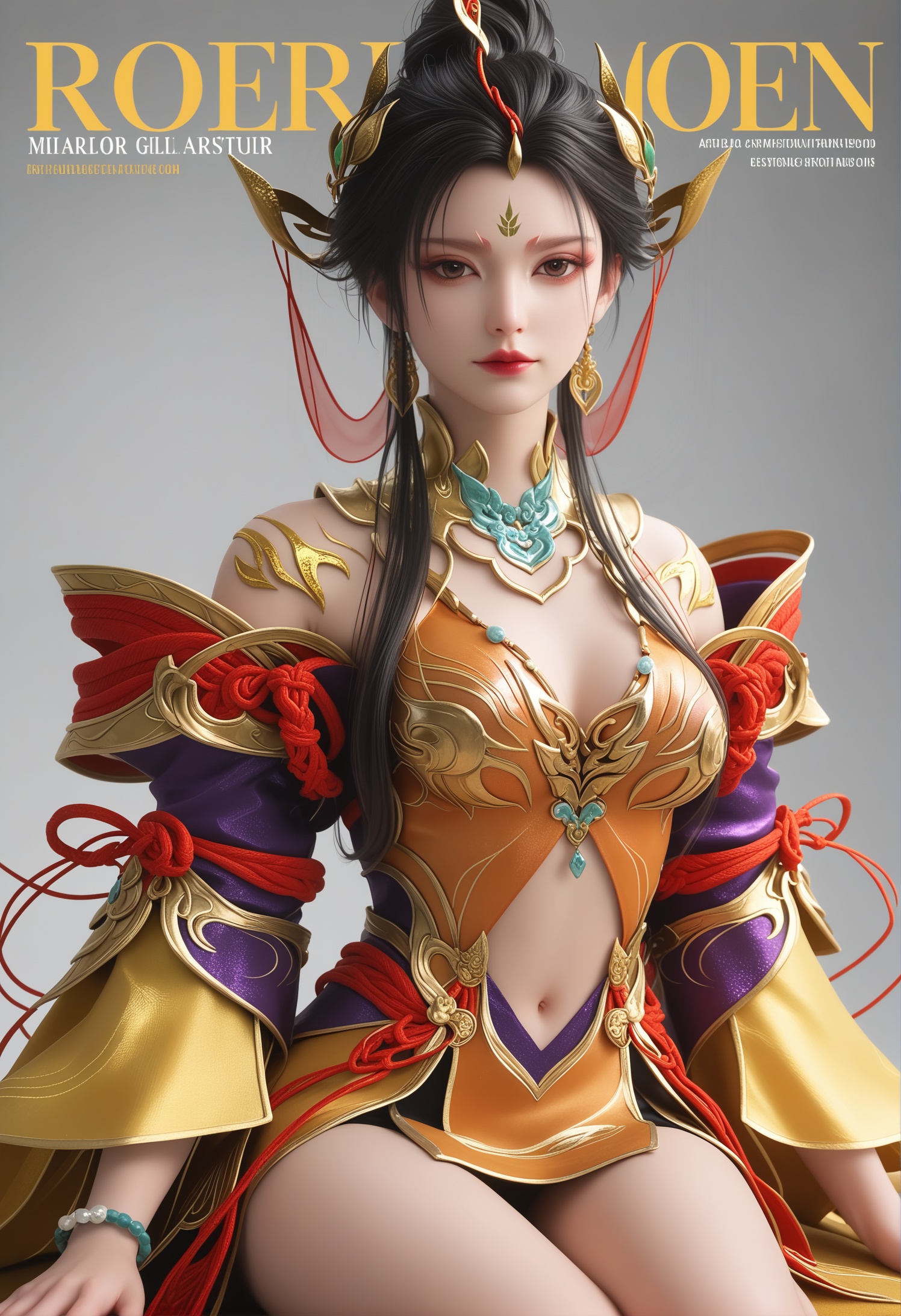 score_9,score_8_up,score_7_up,1girl,solo,realistic,(looking at viewer:1.1),1girl,solo,realistic,dress,chinese clothes,red dress,yellow dress,silk,red ribbon,qq2551213441,gold trim,armor,long sleeves,detached sleeves,clothing cutout,bare legs,1girl,solo,realistic,jewelry,hair stick,hair ribbon,hair ornament,earrings,breastplate,metal collar,bracelet,1girl,solo,realistic,(mature face:1.2),big eye,pale_skin,shiny_skin,slender face,long hair,black hair,hair bun,brown eyes,forehead mark,facial mark,eyelashes,eyeliner,makeup,red flower,red eyeshadow,lipstick,bare shoulders,closed mouth,realistic,solid background,simple background,(magazine cover theme:0.75),medium breasts,<lora:小巳-南宫瑾pony:0.85>,