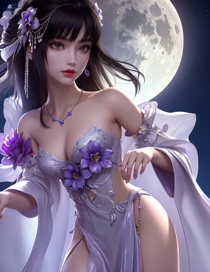 ultra realistic 8k cg, picture-perfect face, flawless, clean, masterpiece, professional artwork, famous artwork, cinematic lighting, cinematic bloom, perfect face, beautiful face, fantasy, dreamlike, unreal, science fiction,   lace, lace trim, lace-trimmed legwear,  (rich:1.4), prestige, luxury, jewelry, diamond, gold, pearl, gem, sapphire, ruby, emerald, intricate detail, delicate pattern, charming, alluring, seductive, erotic, enchanting, hair ornament, necklace, earrings, bracelet, armlet,halo((,1girl, pov,))(((1girl, jewelry, solo,, breasts, , looking_at_viewer,  outdoors,  full moon,  upper body,  purple flower, )))    <lora:DA_YueChanTeen:0.7>