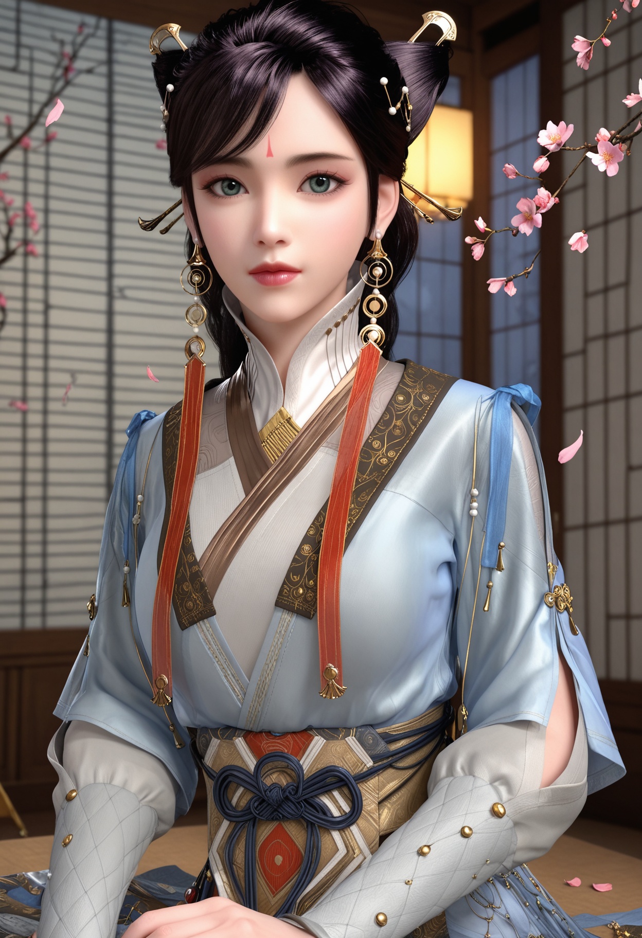 (upper_body:1.2),(looking at viewer:1.1),masterpiece,(best quality),smog,Dark room,dim lighting,peach blossom,falling petals,<lora:YQ_Illustrious光辉v5_徐灵犀_V1:0.8>,q1528437228,1girl,solo,jewelry,earrings,hair ornament,black hair,lips,chinese clothes,dress,forehead mark,green eyes,hair bun,long hair,makeup,brown hair,hair stick,long sleeves,tassel,boots,white pantyhose,braid,blue eyes,brown eyes,double bun,