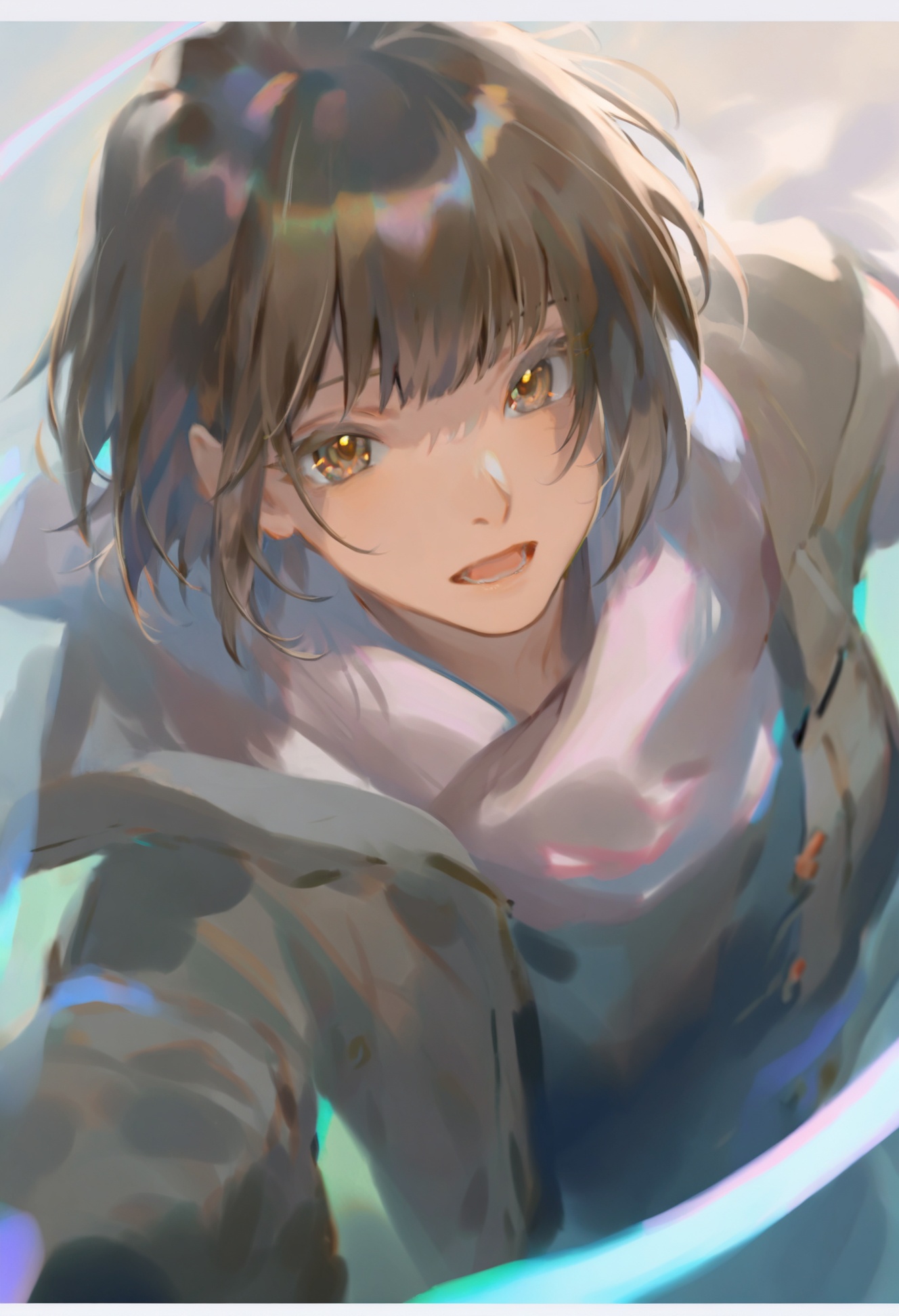 masterpiece, best quality,1girl, solo, looking at viewer, upper body, brown hair, open mouth, bangs, chromatic aberration, coat, brown eyes, short hair, parted lips, scarf <lora:REIKOXLlokr8f-000156:1>