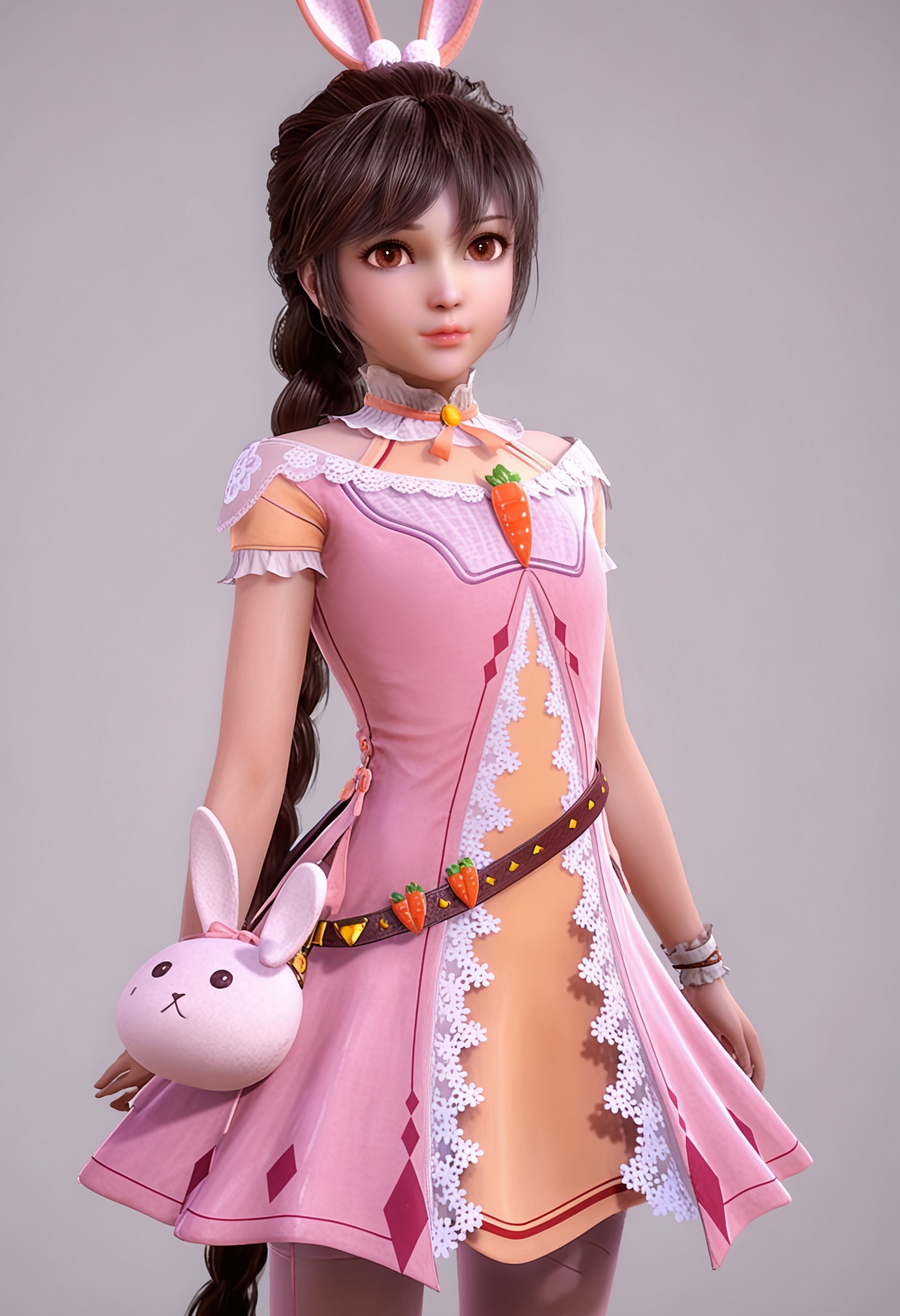 score_9,high detail,best quality,shiny skin,shiny,xiaowuyn,1girl,solo,brown eyes,dress,rabbit ears,single braid,pink dress,white background,brown hair,belt,carrot,long hair,breasts,choker,jewelry,realistic,hair ornament,bag,simple background,looking_at_viewer,cowboy shot,<lora:QQSponyxiaowuynV1:0.8>,<lora:Pony_DetailV2.0:0.8>,<lora:皮肤凹痕:0.1>,