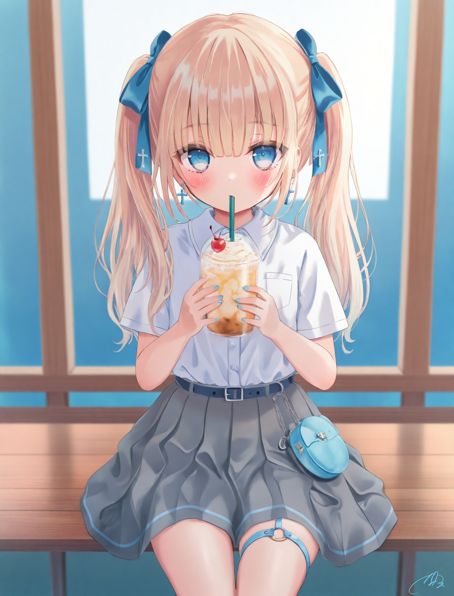 masterpiece,absurdres,best quality,loli,petite,high quality,//,1girl,blue_eyes,skirt,drinking_straw,solo,white_shirt,shirt,twintails,grey_skirt,pleated_skirt,holding,cup,short_sleeves,looking_at_viewer,drinking_straw_in_mouth,holding_cup,thigh_strap,blonde_hair,earrings,drinking,sitting,blue_nails,food,long_hair,drink,blush,jewelry,collared_shirt,cherry,fruit,drinking_glass,belt,nail_polish,pouch,hair_bow,bow,signature,blue_ribbon,o-ring_thigh_strap,shirt_tucked_in,thighs,ribbon,hair_ribbon,blue_bow,cross_earrings,//,//,<lora:nuhutya——【CKXL】hans:1>,