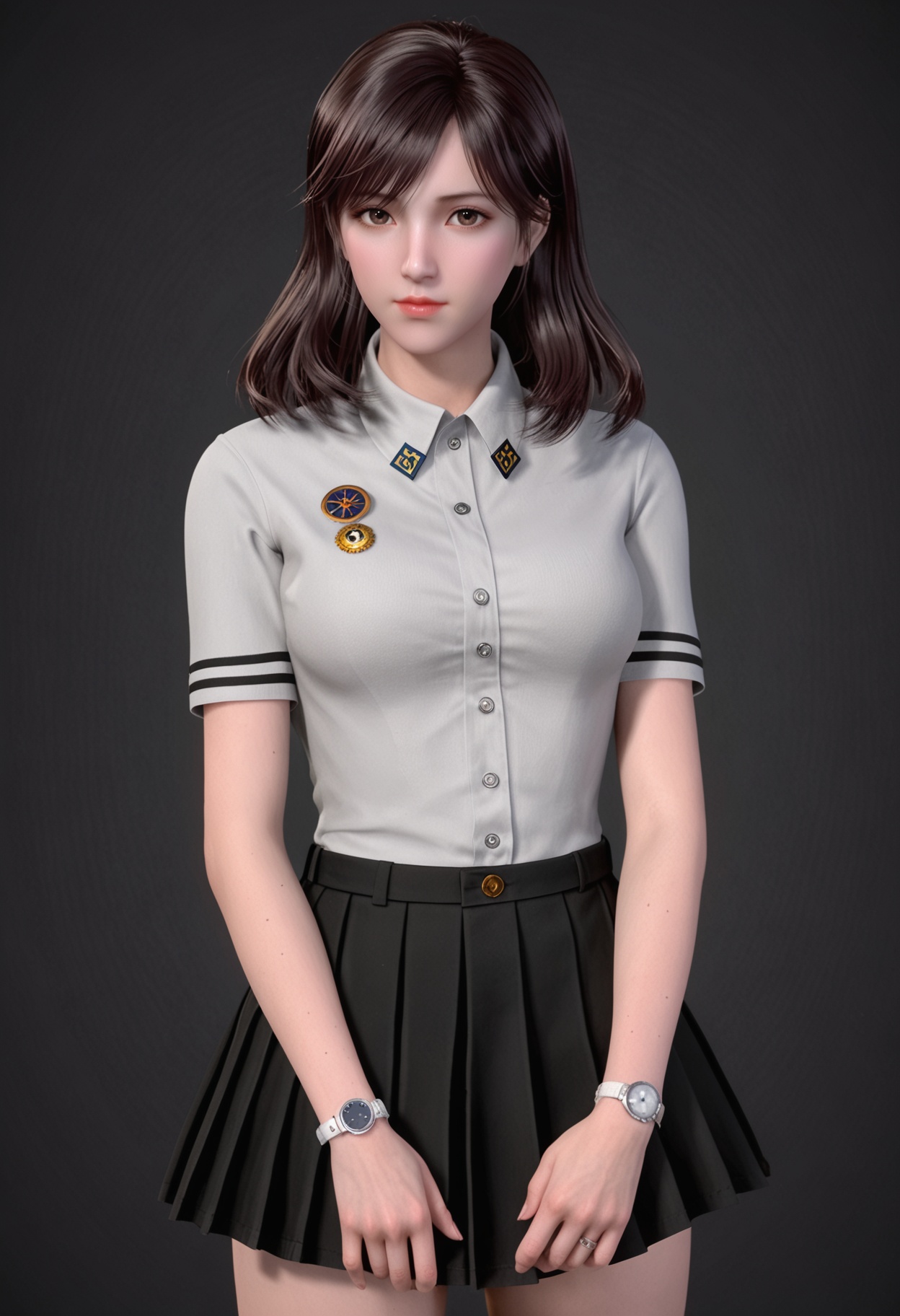 (cowboy shot:1.1),(masterpiece:1.1),(best quality:1.2),(intricate details),(looking at viewer:1.1),facing viewer,direct gaze,<lora:YQ_pony_xuxin2.0_V5:0.8>,q1528437228,1girl,solo,long hair,brown eyes,brown hair,shirt,black hair,buttons,skirt,school uniform,jewelry,watch,wristwatch,black eyes,medium hair,swept bangs,bracelet,loafers,BREAK simple background,pure black background,black background,perfect anatomy,