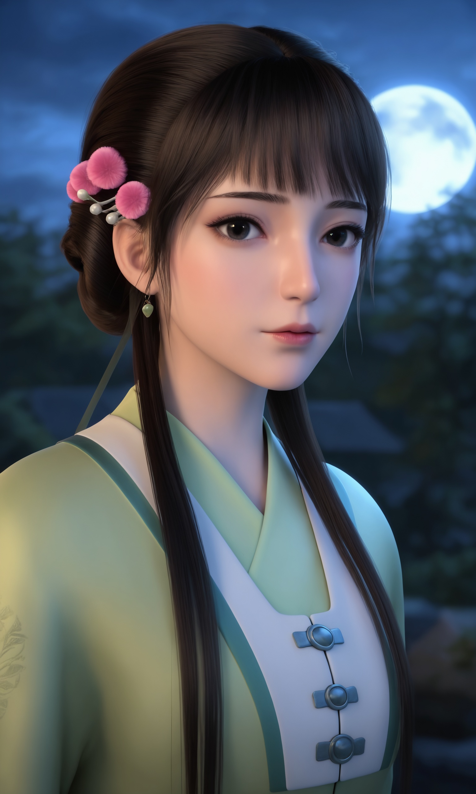 <lora:回明-韩幼娘-绿衣Pony:0.8>,1girl,straight brown hair,bangs,two braids adorned with pink flowers,traditional,light green dress,long sleeves,white undershirt,green sash with tassels,black flats,, 1girl,solo,shiny,shiny_hair,upper_body,fair_skin,white_skin,shiny_skin,shiny,Ivory_skin,looking at viewer,cinematic lighting,volumetric lighting,solo focus,blurry background,depth of field,night,sky,night sky,full moon,moonlight,