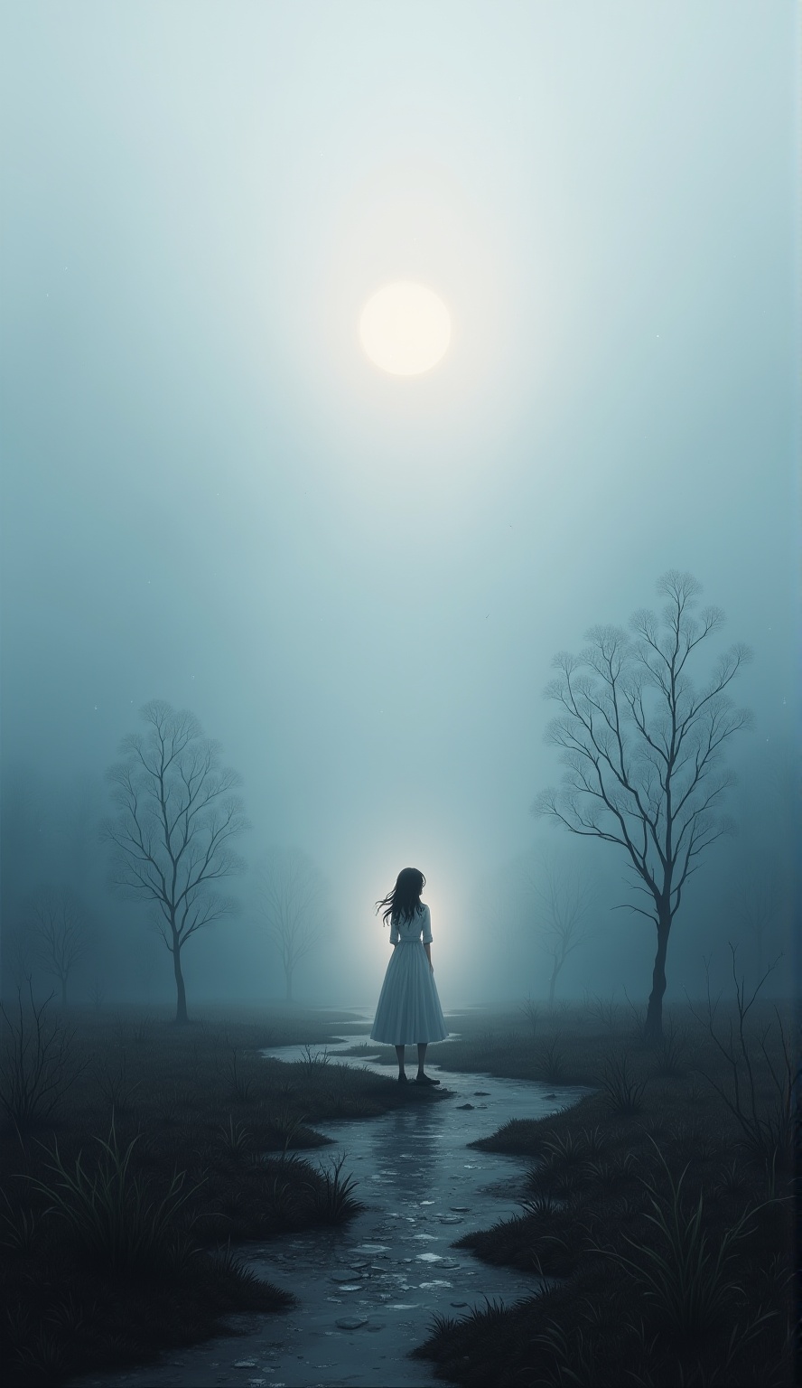 Emotion,fog,dreamy surrealism,ethereal landscape,in this serene and somewhat melancholic scene,