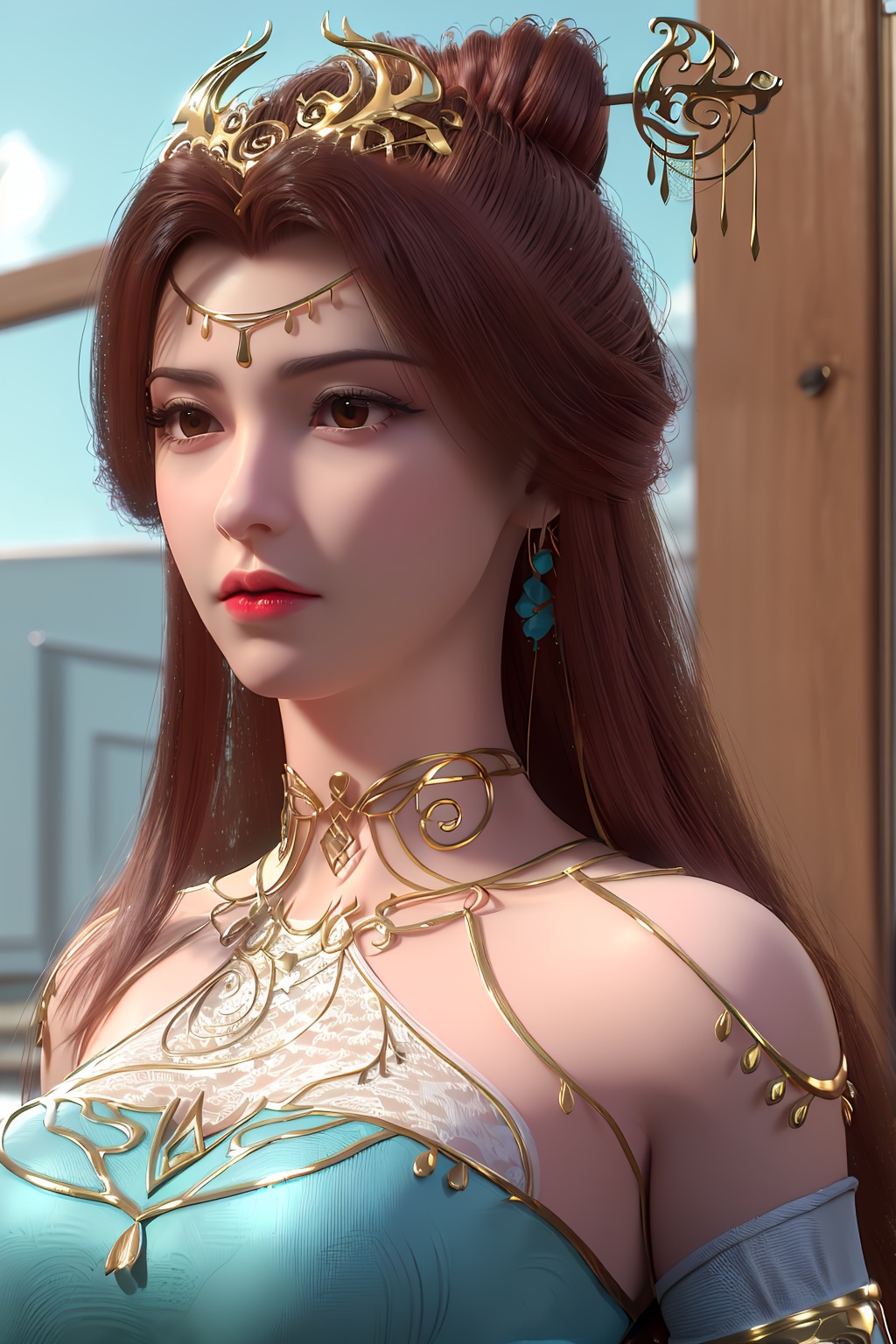 3D,masterpiece,(best quality),(makeup),official art, extremely detailed cg 8k wallpaper,((crystalstexture skin)), (extremely delicate and beautiful),(highly detailed),(face),(headgear),(tassel),(1girl), (solo), (jewelry), (earrings),(brown_hair),(long_hair),(hair_ornament),(handwear),(standing),(bare_shoulders),(breast),,((portrait)),(dress),(multicolored_clothes),(multicolored_dress),(closed_mouth),(traditional_clothes),((gold_trim),shiny_clothes),(sunshine, outdoor),((looking_at_viewer)),((Facing the camera)), , <lora:hipoly3DModelLora_v10:0.3>