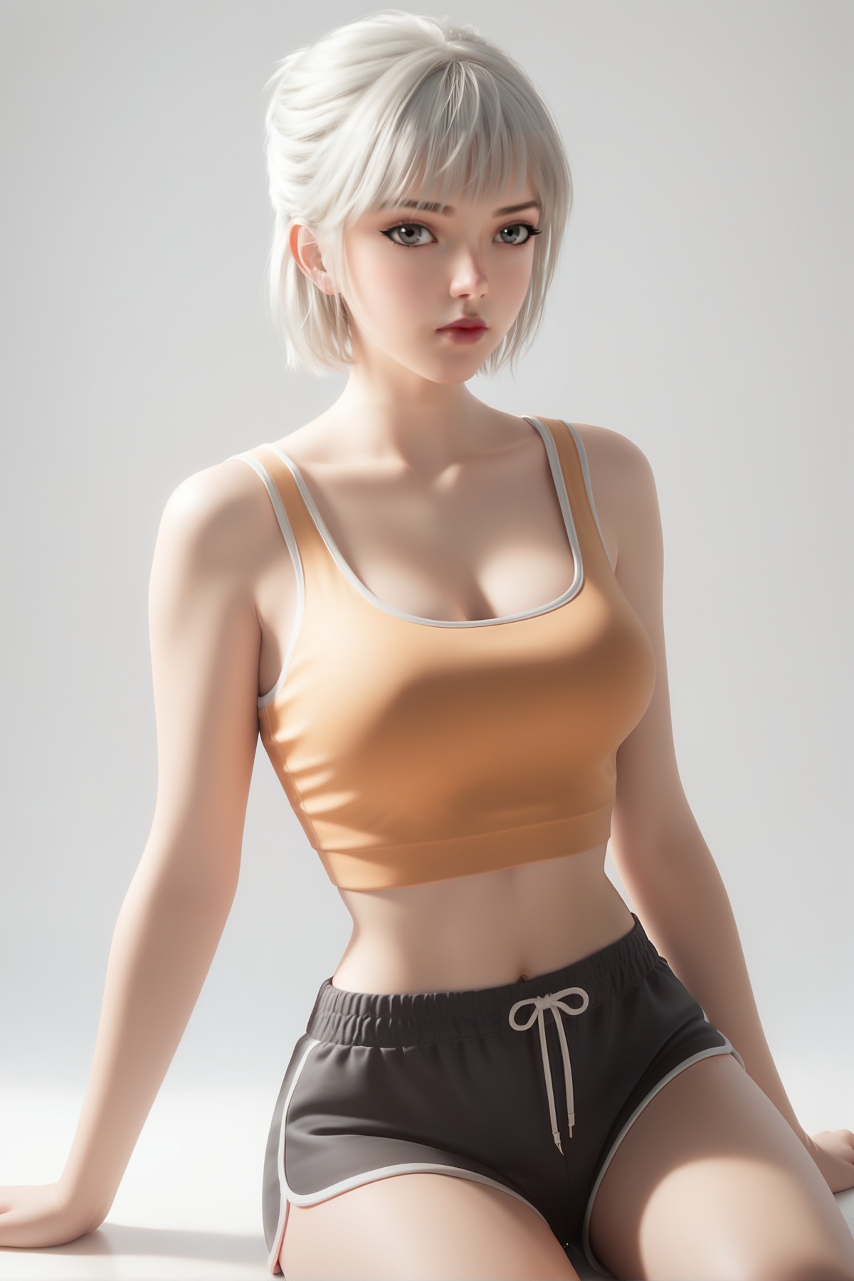 score_9,score_8_up,score_7_up,1girl,breast,medium breast,white hair,<lora:wy_baiyuekui_xxz_XL7.0:0.8>,shorts,looking at viewer,midriff,navel,short hair,realistic,**** top,black shorts,short shorts,crop top,lips,grey eyes,dolphin shorts,simple background,orange **** top,sitting,white_background,thick_thighs,