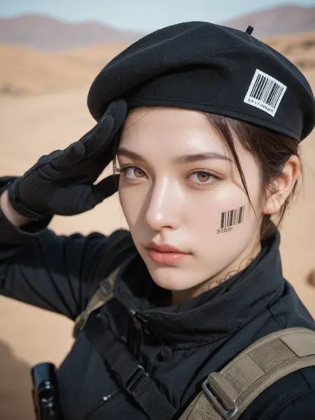 masterpiece, ultra-HD, high detail, best quality, 8k,hyper-realistic, real skin, skin blemish.film grain, 1women, (mature female, long face), stern look expression, frown,very short hair, beret,salute, (barcode tattoo on face), gloves, black jacket, strap, strap, snap-fit buckle, wearing gun,view from above, desert,50mm lens, naturally blurred background, retro artstyle,  <lora:Add-cfg_scale_boost:0.7><lora:Add-*******_style_v1_pony:1> <lora:MoriiMee_Gothic_Niji_Style__Pony_LoRA:0.2>