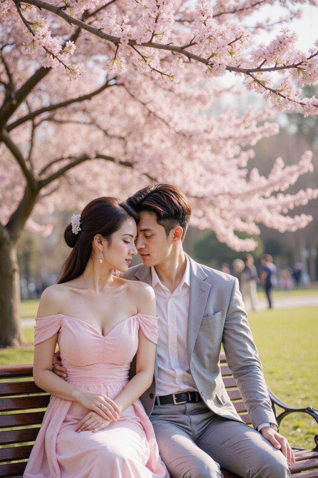 This is a highly detailed, romantic photograph capturing a tender moment between a young couple seated on a wooden bench in a park. The background features a vibrant cherry blossom tree with its delicate pink flowers in full bloom, creating a serene, dreamy atmosphere. The couple is positioned close to each other, with the man gently holding the woman's waist while she leans her head against his chest. Both are wearing elegant, off-shoulder dresses; the man in a light grey suit and the woman in a soft pink dress that accentuates her slender frame. The man has short, dark hair and a fair complexion, while the woman has long, dark brown hair styled in a loose bun and a fair complexion. Their expressions are soft and intimate, with closed eyes and gentle smiles. The park's green grass and the distant, blurred figures of other people add to the peaceful ambiance. The sunlight filters through the trees, casting a warm, golden glow over the scene, enhancing the romantic and nostalgic mood. The overall composition and lighting evoke a sense of tranquility and deep connection between the couple.