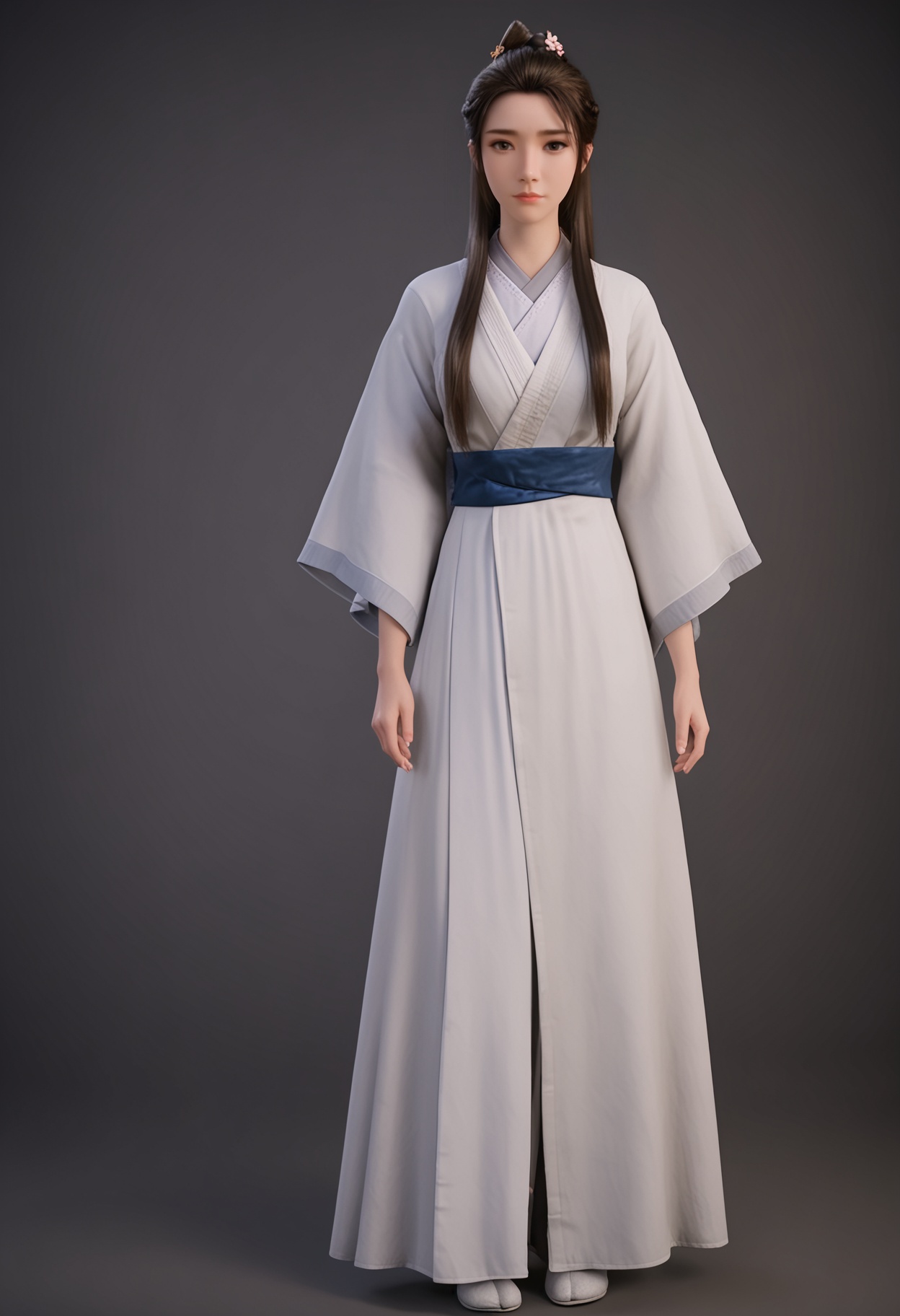 (full_body:1.2),(looking at viewer:1.1),facing viewer,direct gaze,<lora:YQ_pony_xinruyin_V4:0.8>,q1528437228,1girl,solo,long hair,chinese clothes,hanfu,white dress,black hair,brown hair,hair ornament,brown eyes,sash,hair bun,hair flower,black eyes,braid,ponytail,forehead,jewelry,BREAK simple background,pure black background,black background,perfect anatomy,