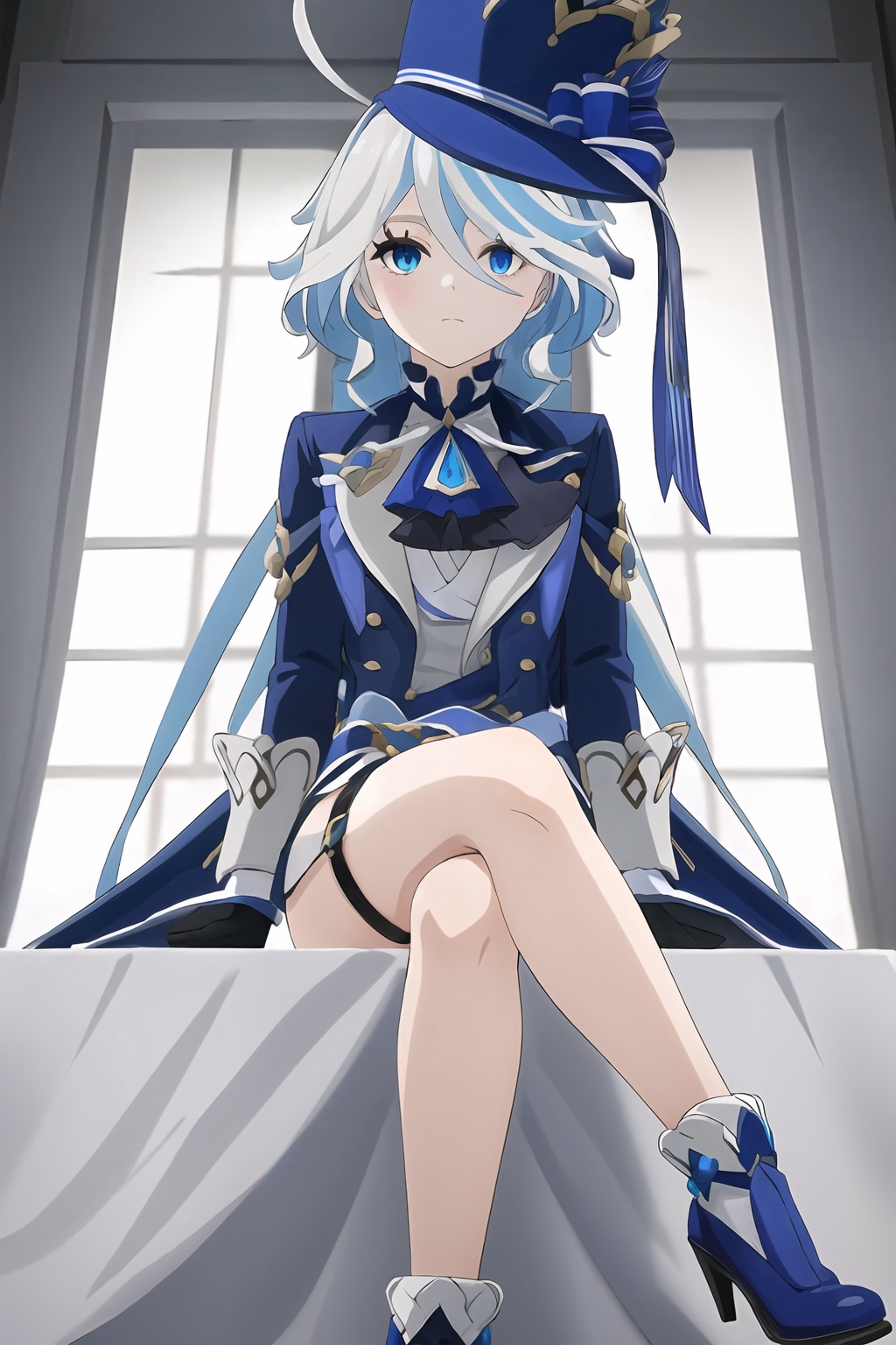 (masterpiece, best quality:1.2),Furina_Pneuma,1girl,solo,blue hat,high heels,heterochromia,thigh strap,jacket,long sleeves,white shorts,long hair,neck ruff,leg garter,mismatched gloves,crossed legs,sitting on object,indoors,<lora:Furina-000006:1>,