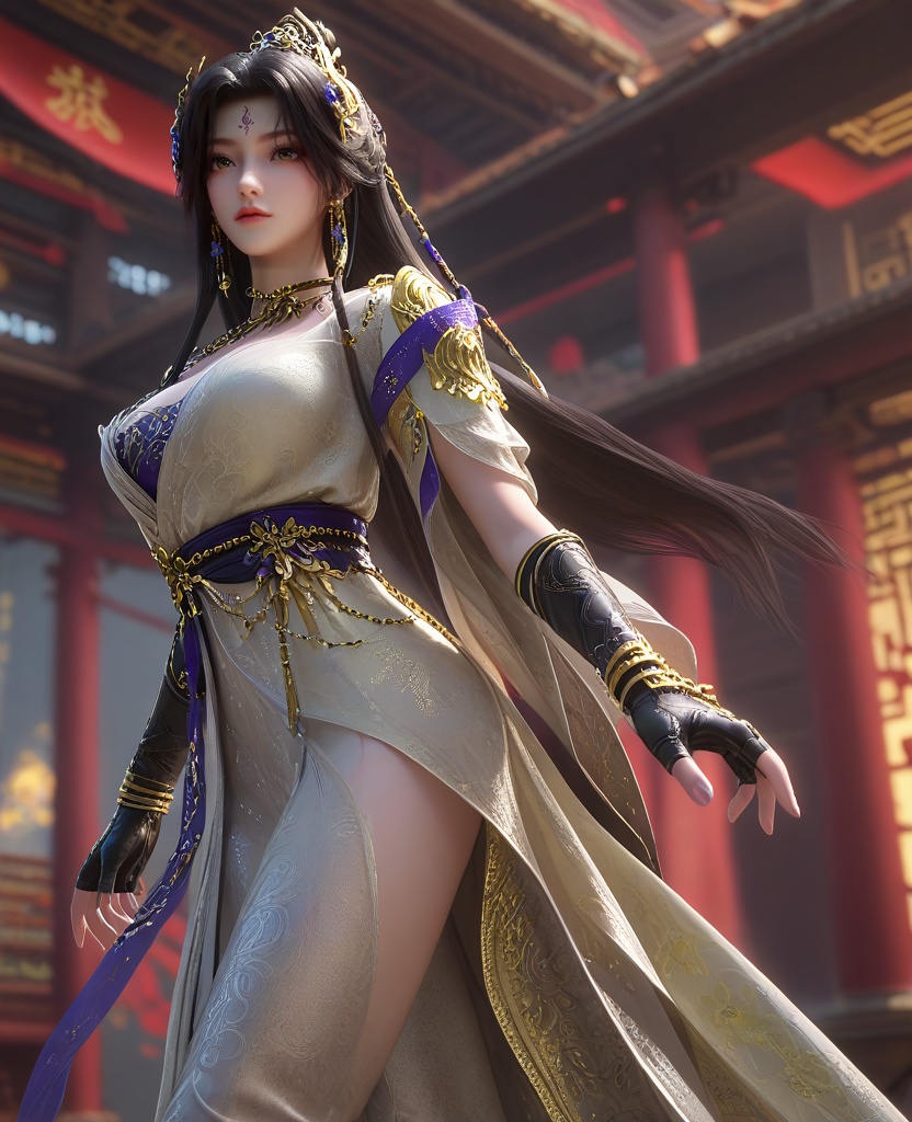 (oriental architecture, elegant decor, sophisticated style:1.1),(legs spread wide open, leaning forward slightly,:1.1),(from back:1.1),(large breasts:1.2),<lora:XL16云深不知梦羲和缉魔司:0.95>,missxihe,white dress with tulle skirt,brown eyes,forehead mark,black hair,very long hair,half-up braid with long cascading hair,hair ornament,jewelry,earrings,black fingerless gloves,white thigh boots,wide flowing sleeves,blue violet bandeau,sash,, score_9,score_8_up,score_7_up,score_6_up,score_5_up,score_4_up,3d rendering,tag1,tag2, Cinematic Lighting,backlighting,