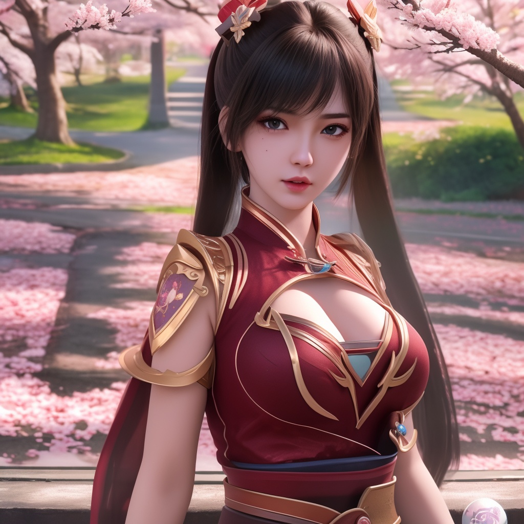 <lora:799-DA-神墓-楚钰:0.8>, (,1girl, ,best quality, ),,  ultra realistic 8k cg,ultra detailed 8k cg,masterpiece,upper body,  (( , )),, ,science fiction,mole, ,    ,outdoors, sun,sunlight, cherry blossoms,      (cleavage),,  (),