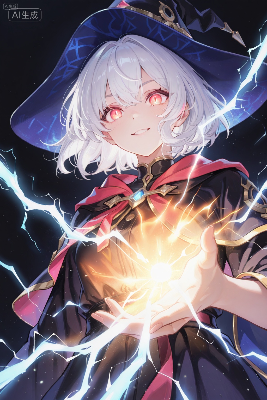 colorful,1girl,solo,****,happy,close-up,from below,magic,casting spell,holding fire,(light trail, electricity, light particles:2),wizard,wizard hat,white hair,short hair,glowing red eyes,black background,multicolored background,masterpiece,best quality,newest,very awa,, Negative prompt: (worst quality, low quality),deformed,distorted,disfigured,doll,poorly drawn,bad anatomy,wrong anatomy,sketch,jpeg artifacts,signature,watermark,artist name,old,oldest,,nsfw, Steps: 20, Sampler: Euler a, CFG scale: 5.0, Seed: 945717184, Size: 1024x1536, Model hash: e62cd982e2, Model: 崩坏彩涂_1.0.safetensors, Denoising strength: 0.0, Clip skip: 2, ENSD: 31337, RNG: CPU, vae_name: automatic