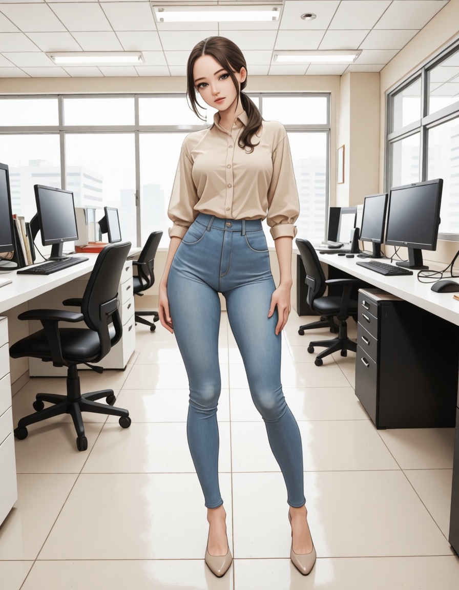 beautiful korean 1girl,  low ponytail hair,  wearing beige OhSoTight jeans on Tensor.Art