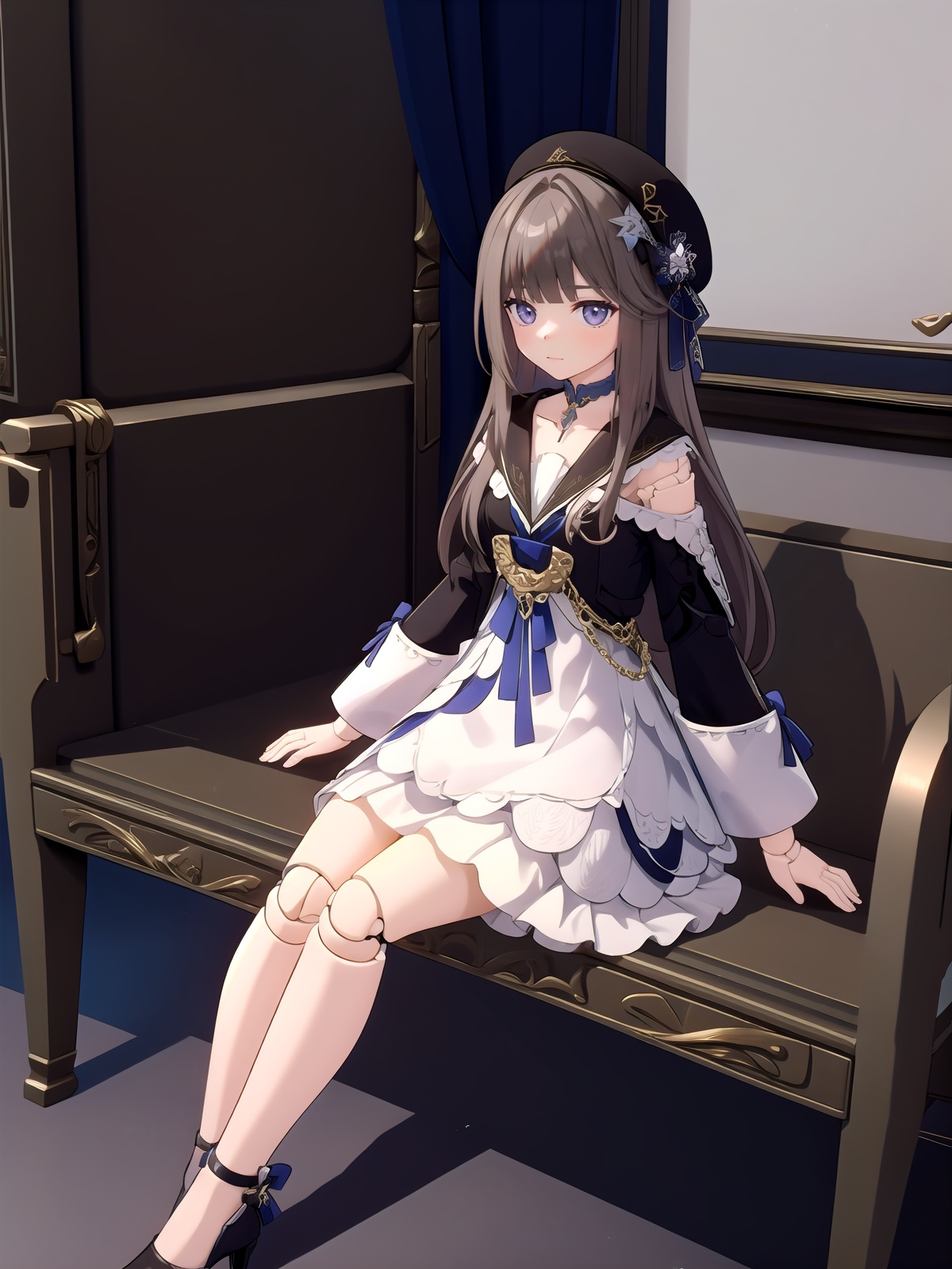 girl,solo,hertasr,dress,dollgirl,<lora:[角色]-[黑塔-星穹铁道]HertaStarRailV1:1>,sitting,, (best quality),((masterpiece)),
