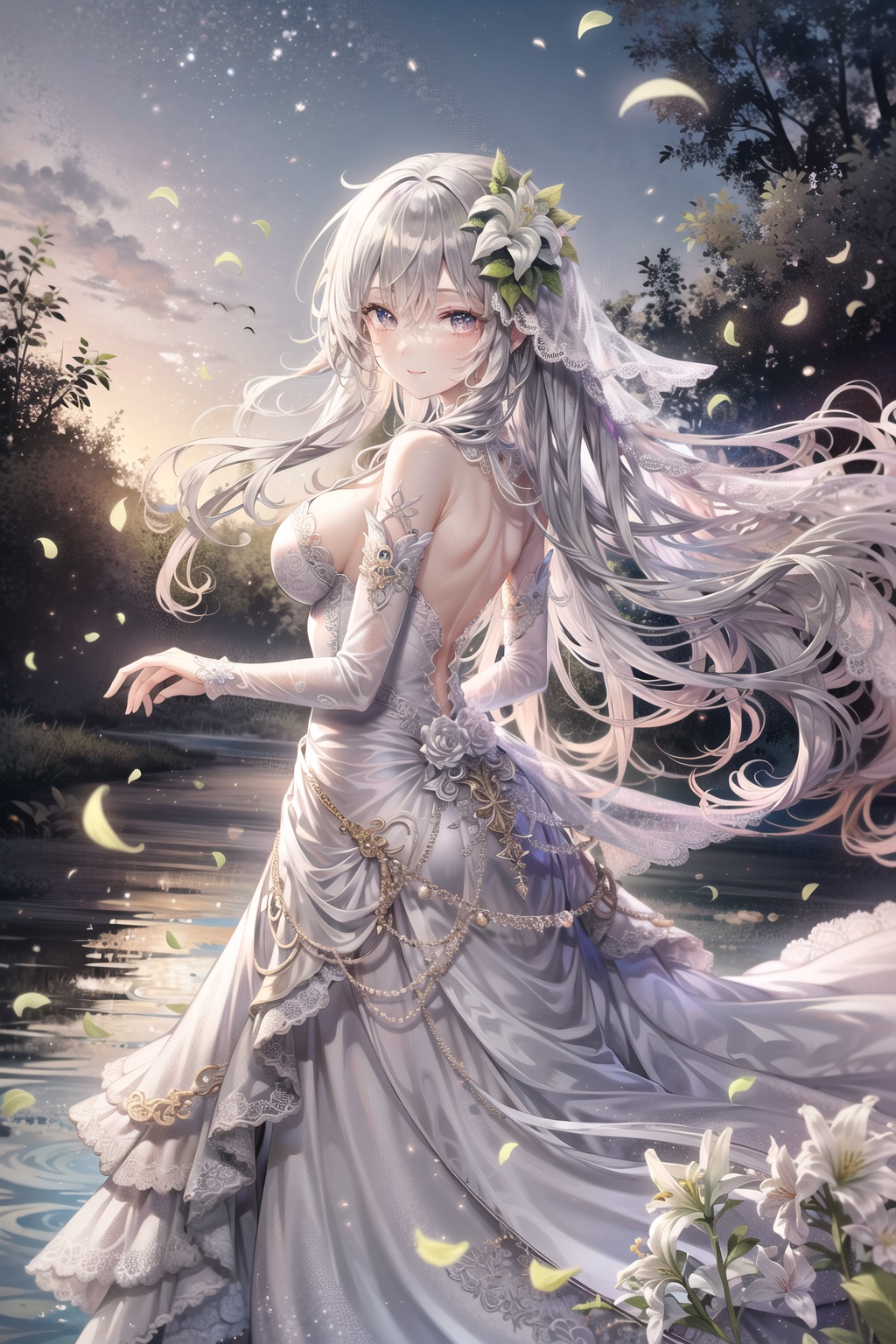 <lora:艺术家_miyu_(miyulein)1-000010:0.6>, masterpiece,best quality,official art,extremely detailed CG unity 8k wallpaper,incredibly_absurdres,beautiful detailed eyes,an extremely delicate and beautiful,dynamic angle,floating, (beautiful detailed eyes), (detailed light) ,(1girl), medium_breasts,cleavage,bare shoulder,floating_hair, wet see-through lace wedding dress,((white and black lace wedding dress)),(black ink landscape painting background), ((long hair)), (floating hair), (pick and dye white hair), ((flowing transparent lily blossom)), (((ink))), (white and black hair), (flowing hair), (the picture fills the canvas), (bright pupils), white long lace ribbons sleeve,full body,(detailed and delicate flowers),(long white hair),(beautiful detailed eyes),(((best quality))),((solo)),brown eyes,detailed face,(cute),lily garden,Lily flowers petals texture sky ,detailed sky,smile,the girl is covered by lily flower petals,wind,Amazing,light shafts,pigeons,close to the viewer,holds on the back