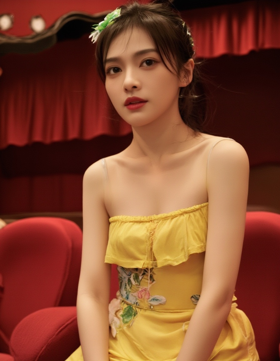 The image shows a young woman sitting in a movie theater. She is wearing a yellow top with a green headband and a yellow skirt with a floral pattern. She has long black hair and is looking directly at the camera with a serious expression. The theater has red seats and there is a red curtain in the background. The overall mood of the image is serious and contemplative. <lora:唐嫣-白鹿flux10:1>,