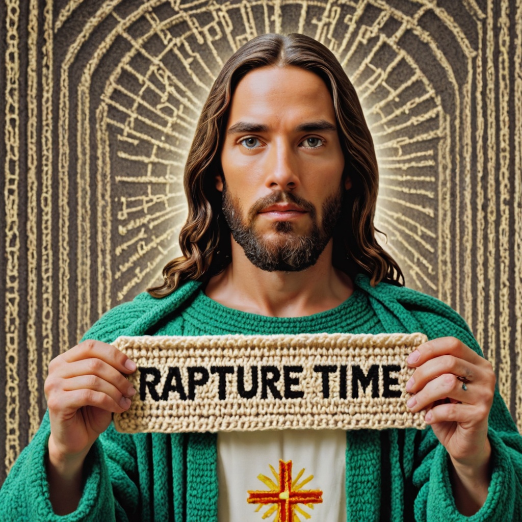 Photo of Jesus with a sign that says "rapture time" in matrix code background CROCHETED on Tensor.Art
