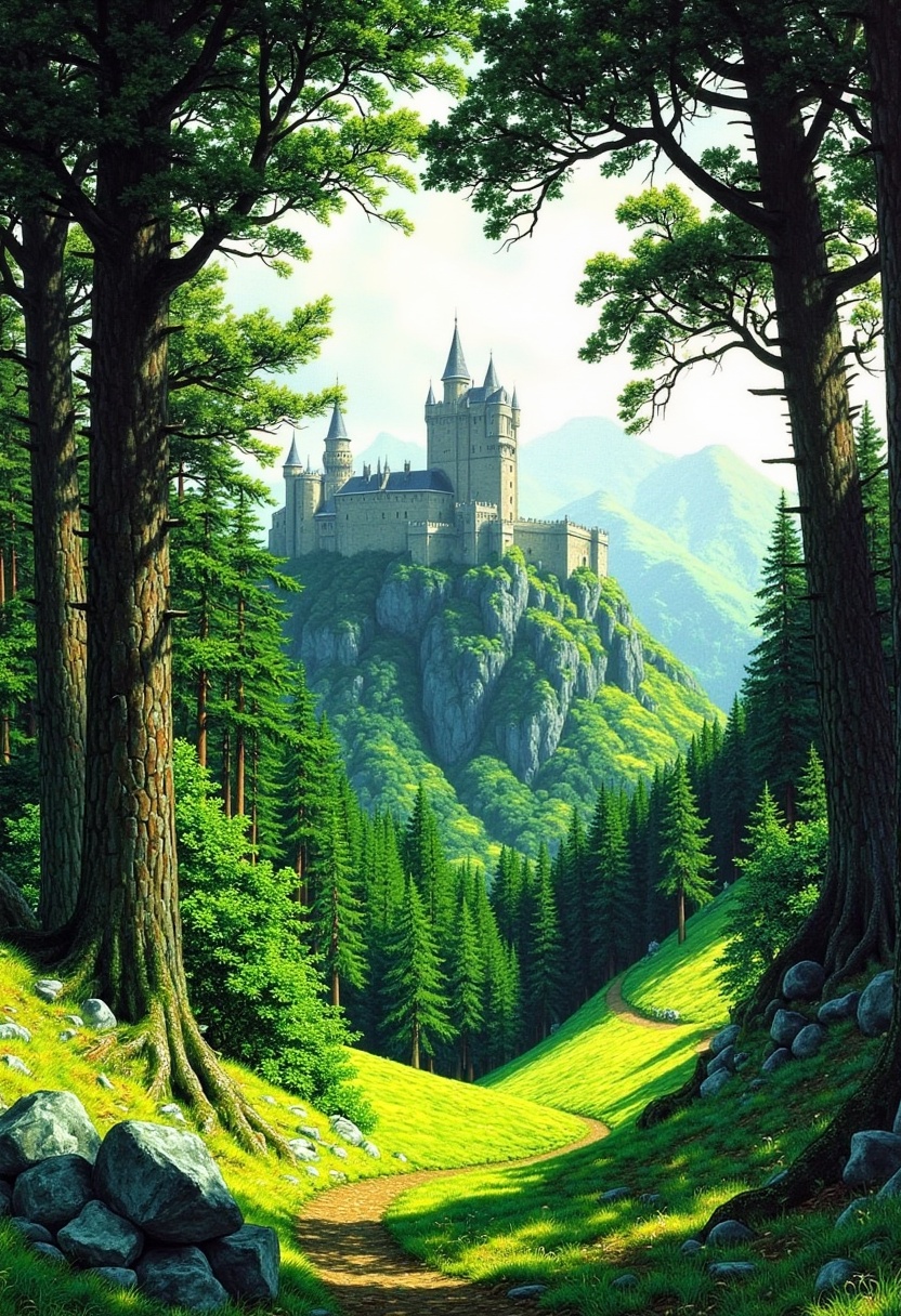 secret_grotesque_fantasy,  a wide painted landscape depicting a lush green forest spreading across rolling terrain,  tall...