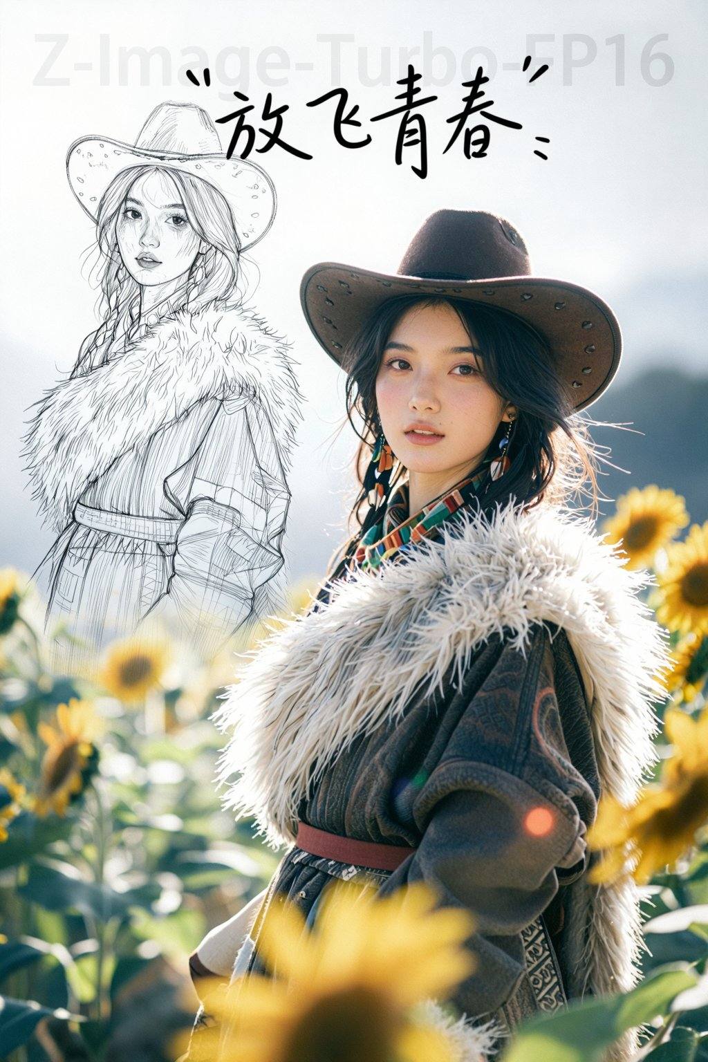 藏式配饰妆造,戴着牛仔帽,藏式羊皮袄服装,精细的活动素描手稿,线稿为主,钢笔素描,水彩上色,港漫风格,纯线条感的表现,局部有点阴影色调,线条的描绘出精准的造型,大面积留白,震撼的视觉效果,绝对的大师手稿,, 191,摄影写真慢门摄影王家卫电影感抽帧摄影延时摄影女生人像摄影摄影大师作品 港风摄影光线虚化模糊形成模糊的拖影慢快门柔焦摄影,阳光照耀下来,一位超级美丽的女模特,穿着时尚,站在向日葵花丛中,动态姿势,阳光透过镜头在前景中创造出一种散景效果,有五颜六色的光点,图像具有柔和,空灵的质感,有一种轻盈,近乎梦幻的氛围,重点放在她的脸和上半身上,突出了她的青春美和宁静的气质,整体风格精致浪漫,图像上方有手写的纤细风格“放飞青春”中文字,加以符号流畅装饰,,以上面描述生成一张电影级照片，极致通透美学，强视觉冲击力，压迫力，故事感，高分辨率还原细腻肌理，柔焦光影勾勒皮肤通透感，胶片颗粒叠加暖调光晕，线条流畅利落，兼具写实质感与艺术朦胧美。冷调高对比强化视觉张力，金属光泽般锐化细节，微颗粒质感增添高级感，光影层次分明，凸显画面精致冷冽的艺术氛围。超高清刻画发丝与皮肤纹理，低饱和色调搭配柔光晕染，轻微过曝提亮主体，构图简洁大气，传递细腻温润的艺术质感。背景顶部写着半透明色“Z-Image-Turbo-FP16”