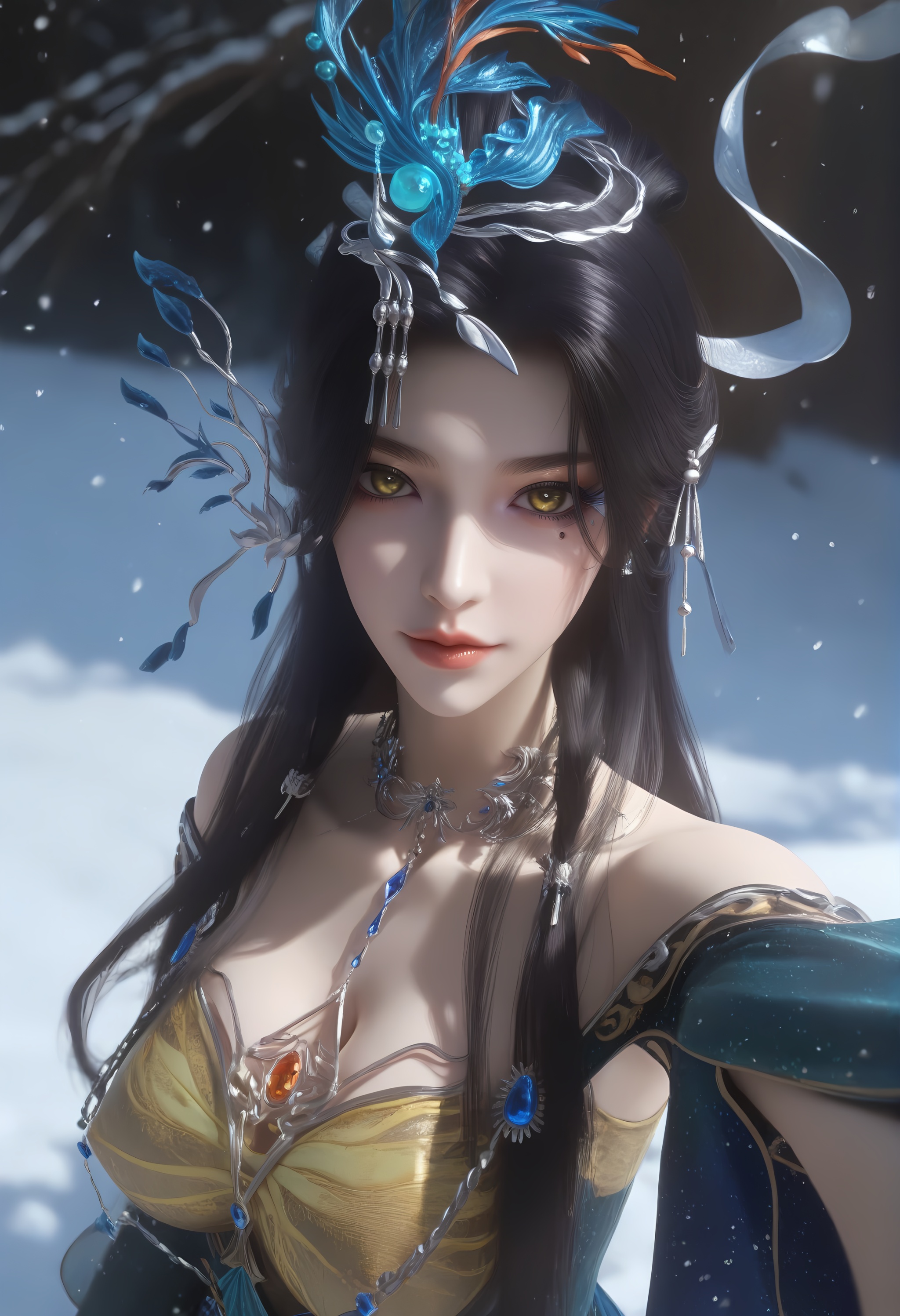 (score_9),(upper body),<lora:云望舒-apony-000009:0.83>,yunwangshu,1girl,solo,yellow eyes,long hair,hair ornament,black hair,updo,hair bun,mole under eye,eyeshadow,makeup,metal collar,chest jewel,detached sleeves,dress,<lora:Expressive_H-000001:0.8>,front view,looking at viewer,dutch angle,dynamic_angle,from above,selfie,v sign,closed mouth,mature female,collarbone,pointy breasts,puffy breasts,((large teardrop breasts)),cleavage,<lora:e肤色滑块:0.35>,fair_skin,(pale_skin),(white_skin),light skin,ultra-detailed skin texture,detailed textures,BREAKsimple background,in snow,Tyndall effect,available light,depth of field,tree,snowflakes,branch,twig,4K ultra HD,sharp focus,high detail,natural lighting,high contrast,<lora:e色温:0.3>,