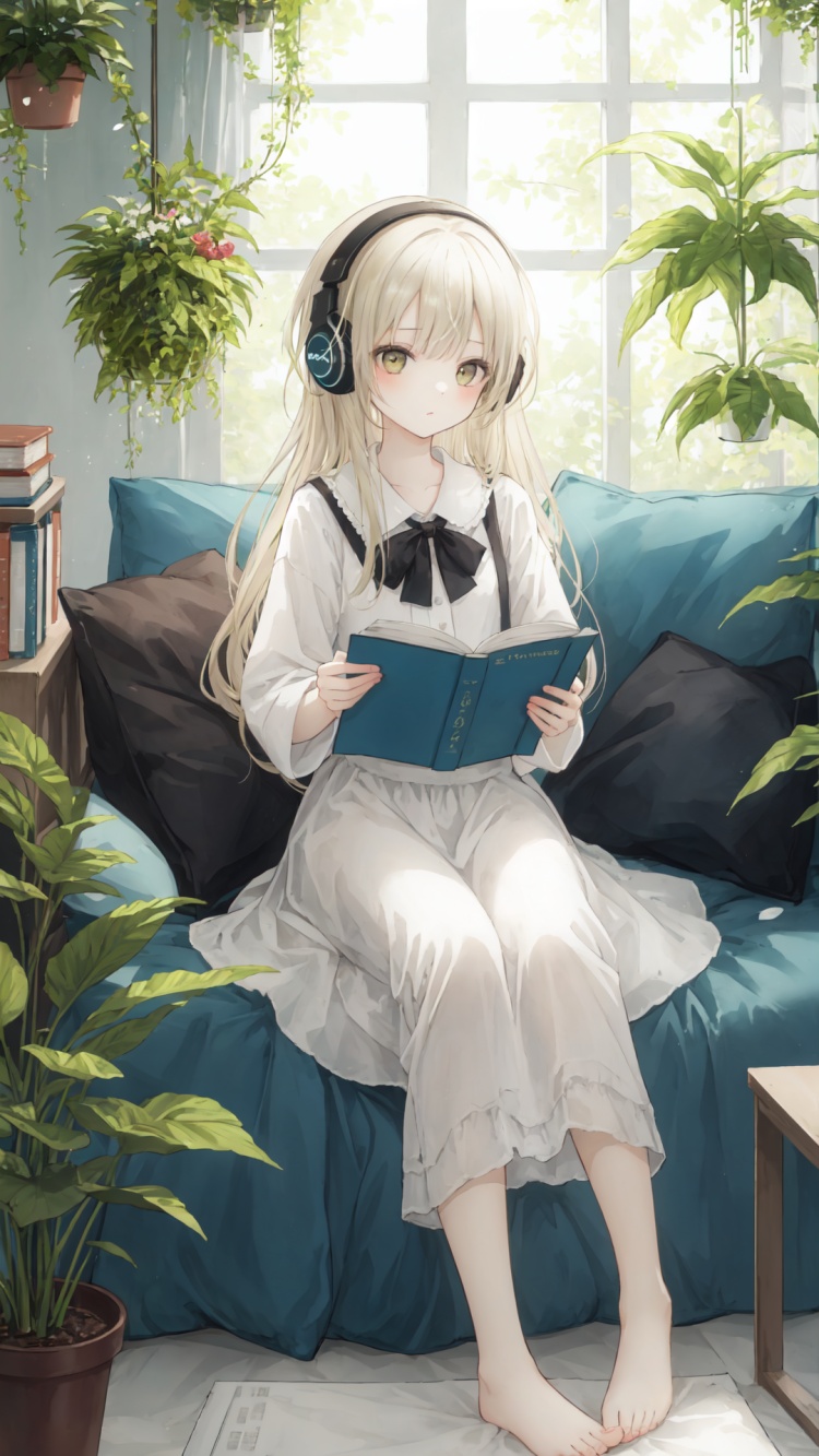 extremely delicate and beautiful,depth of field,amazing,masterpiece,growth,visual impact,ultra-detailed,1girl,long_hair,window,book,pillow,barefoot,solo,plant,very_long_hair,indoors,potted_plant,headphones,cup,gorgeous,fantasism,nature,refined rendering,original,contour deepening,high-key and low-variance brightness scale,soft light,light and dark interlaced,
