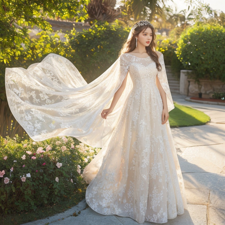 Best Quality,Masterpiece:1.4),(Realism:1.2),(Realisitc:1.2),4K,(photorealistic:1.3),1girl, white wedding dress,long dress,outdoors, flower,  jewelry,print,(Long Wavy Hair),hunsha,veil,Earrings,Jewelry,Tindal Light,  <lora:YG梦中婚纱4:0.7>,