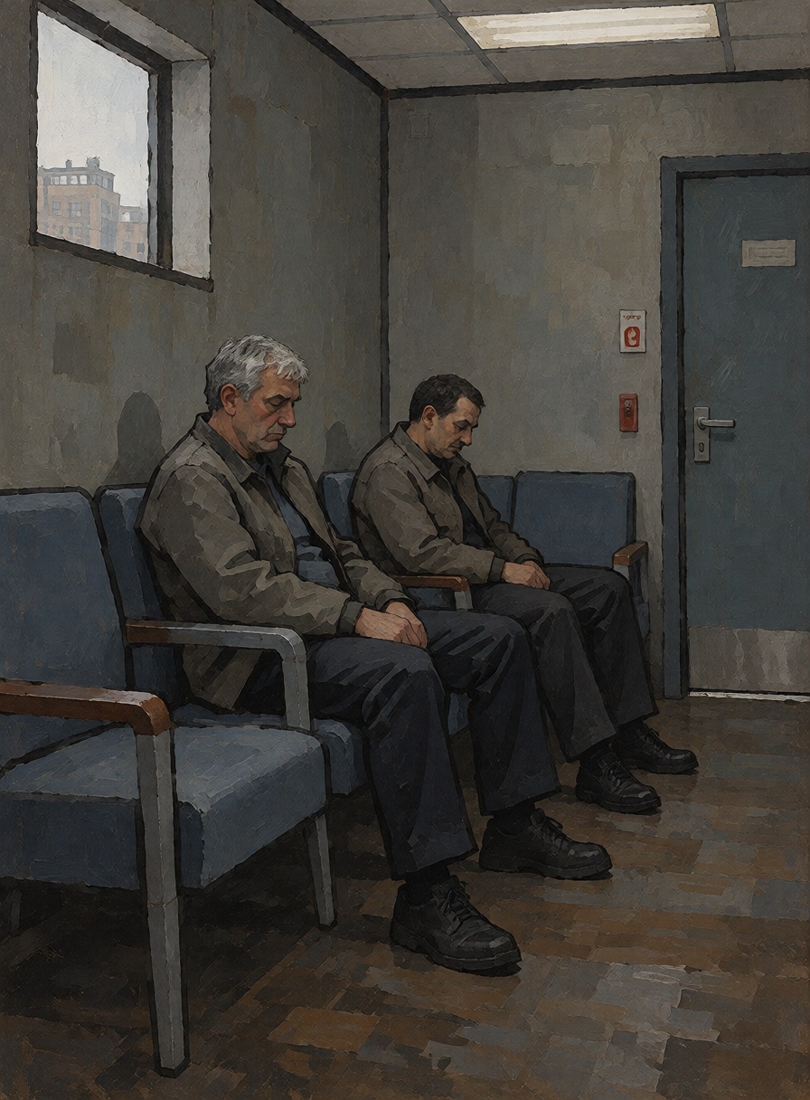 An empty waiting room with a row of chairs and a closed door. on Tensor.Art