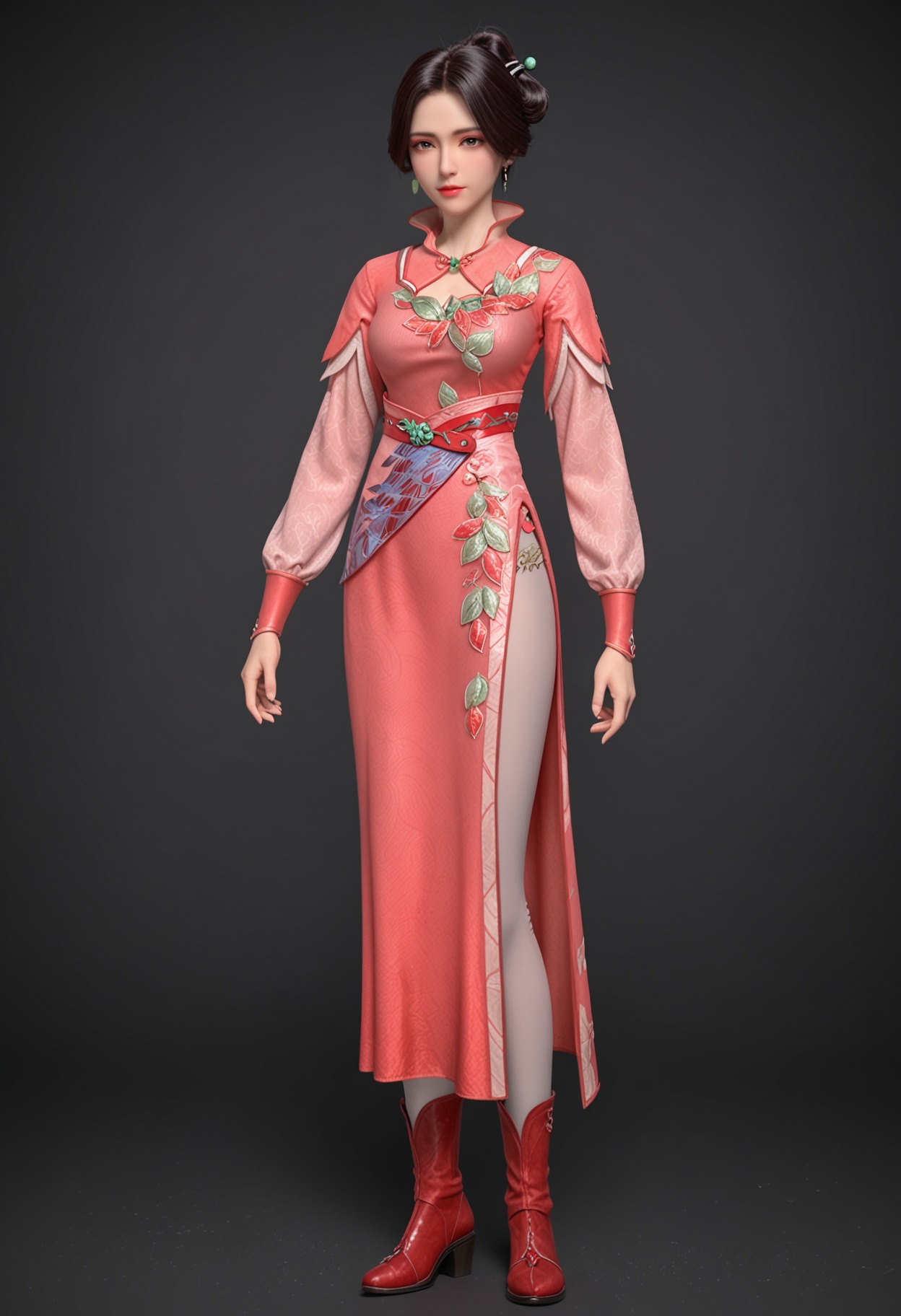 (full_body:1.1),(looking at viewer:1.1),facing viewer,direct gaze,<lora:YQ_pony_jimohuaxue_V5:0.8>,1girl,q1528437228,solo,black hair,jewelry,pink dress,earrings,short hair,hair bun,hair ornament,brown eyes,brown hair,long sleeves,chinese clothes,single hair bun,high collar,boots,red footwear,black eyes,sash,side slit,necklace,pantyhose,BREAK simple background,pure black background,black background,perfect anatomy,