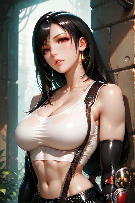 iltifa03, 1girl, breasts, solo, tifa lockhart, gloves, long hair, jewelry, earrings, navel, crop top, fingerless gloves, red eyes, suspenders, looking at viewer, lips, large breasts, black hair, midriff, elbow gloves, skirt, **** top, black gloves, taut clothes, parted lips, bare shoulders, black skirt, suspender skirt, taut shirt, white **** top, cleavage, stomach<lora:illustrious Tifa 03-1024x1600:1>, street