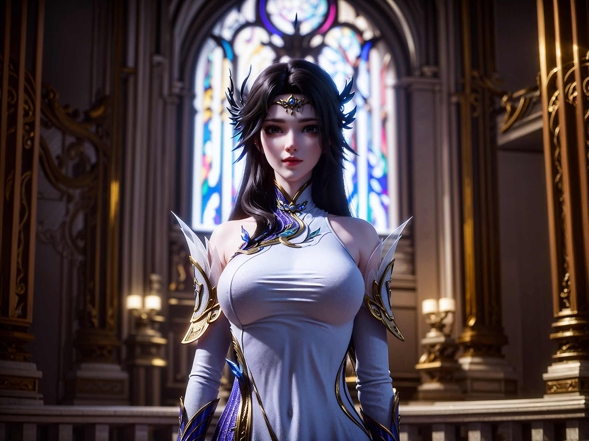 1girl,solo,closed mouth,hair ornament,forehead jewelry,china dress,arms behind back,(looking at viewer),(gothic architecture),(glass),flag,((glowing)),blurry background,depth of field,((upper body)),3d,game cg,Highly detailed,(best quality:1.5,masterpiece:1.5),<lora:20250113-1736790602743-000010:0.8>,xuanyi,
