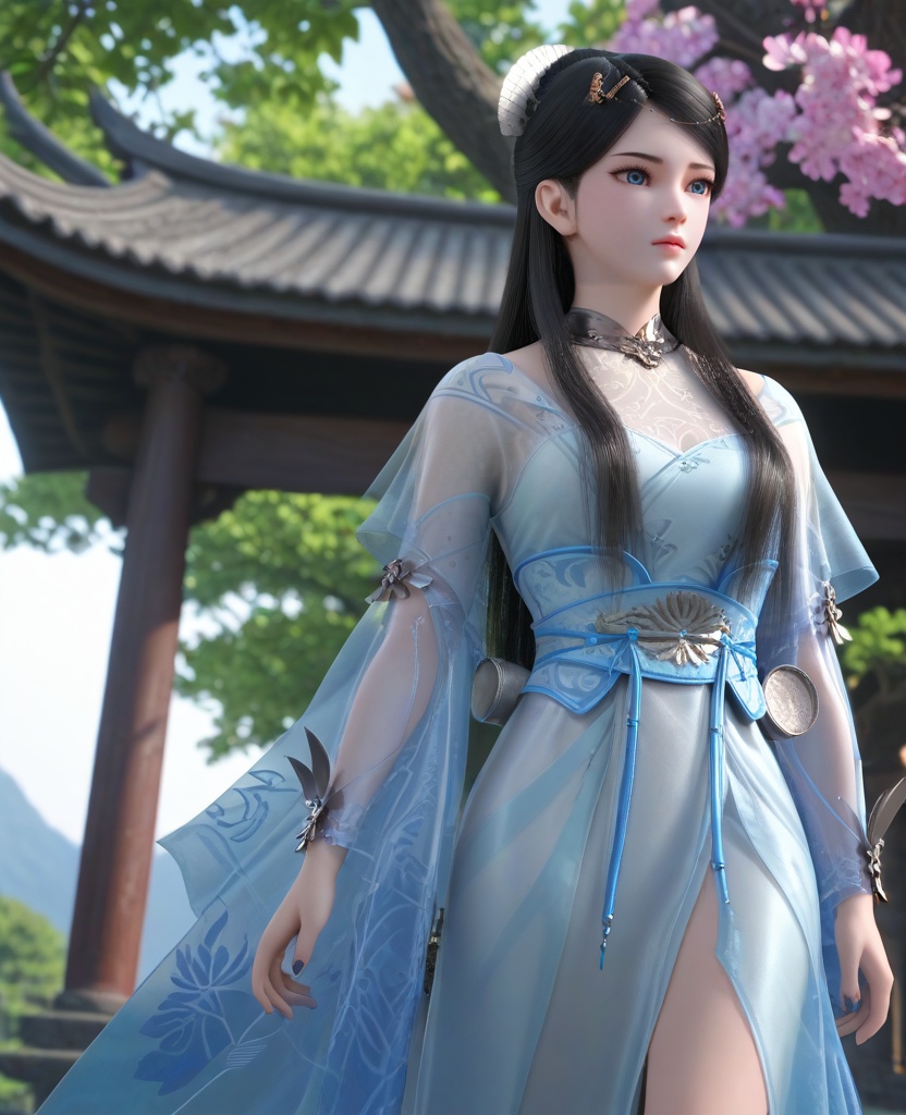 (oriental architecture, elegant decor, sophisticated style:1.1),(standing in an s-shape:1.1),(breasts:1.2),<lora:XL16墓王之王寒千落:0.95>,miss hanqianluo,spale blue dress,see-through,blue eyes,black hair,long hair,hair ornament,hanging hair,sash,wrist cuffs,pelvic curtain,, score_9,score_8_up,score_7_up,score_6_up,score_5_up,score_4_up,3d rendering,tag1,tag2, Cinematic Lighting,backlighting,