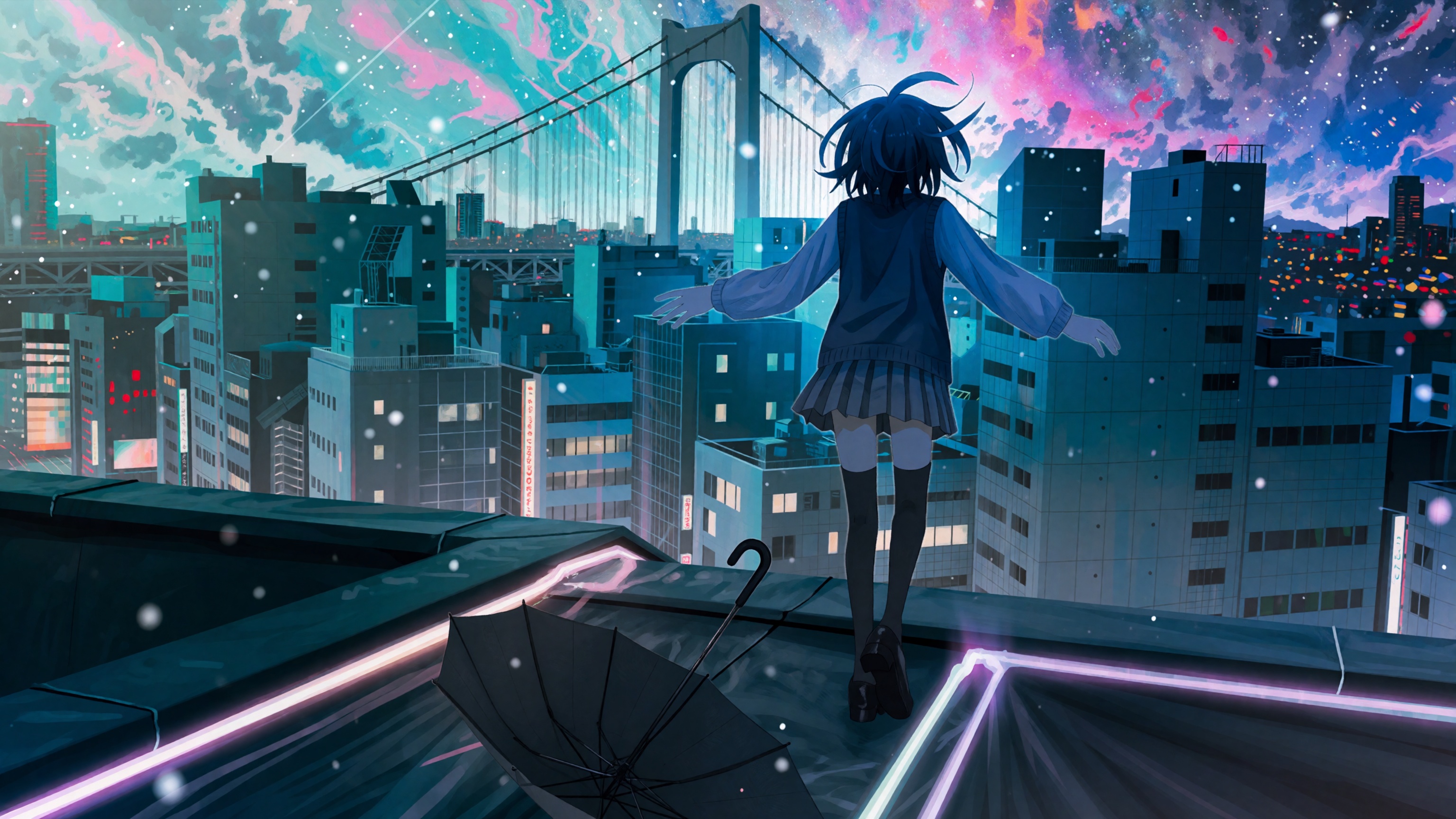 A girl stands on the edge of a rooftop walkway,  viewed from a low-angle back perspective,  her body oriented toward the h...