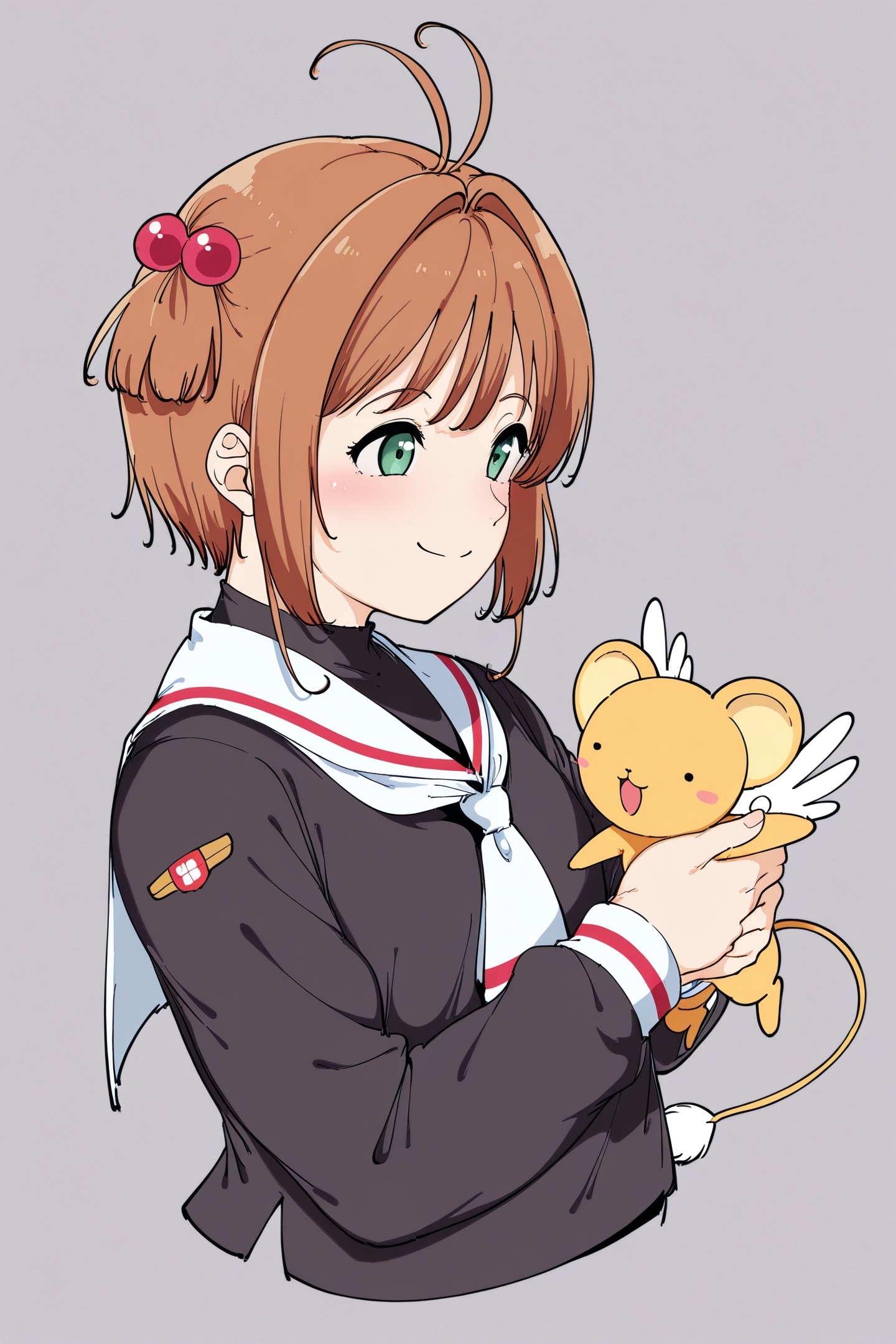 alp Style,1girl,kinomoto sakura,kero,brown hair,green eyes,school uniform,tomoeda elementary school uniform,smile,hair ornament,short hair,hair bobbles,white sailor collar,holding,simple background,sailor collar,upper body,antenna hair,closed mouth,long sleeves,white neckerchief,black shirt,neckerchief,cropped torso,serafuku,shirt,grey background,blush,hair intakes,<lora:alp_illustriousXL:1.2>,