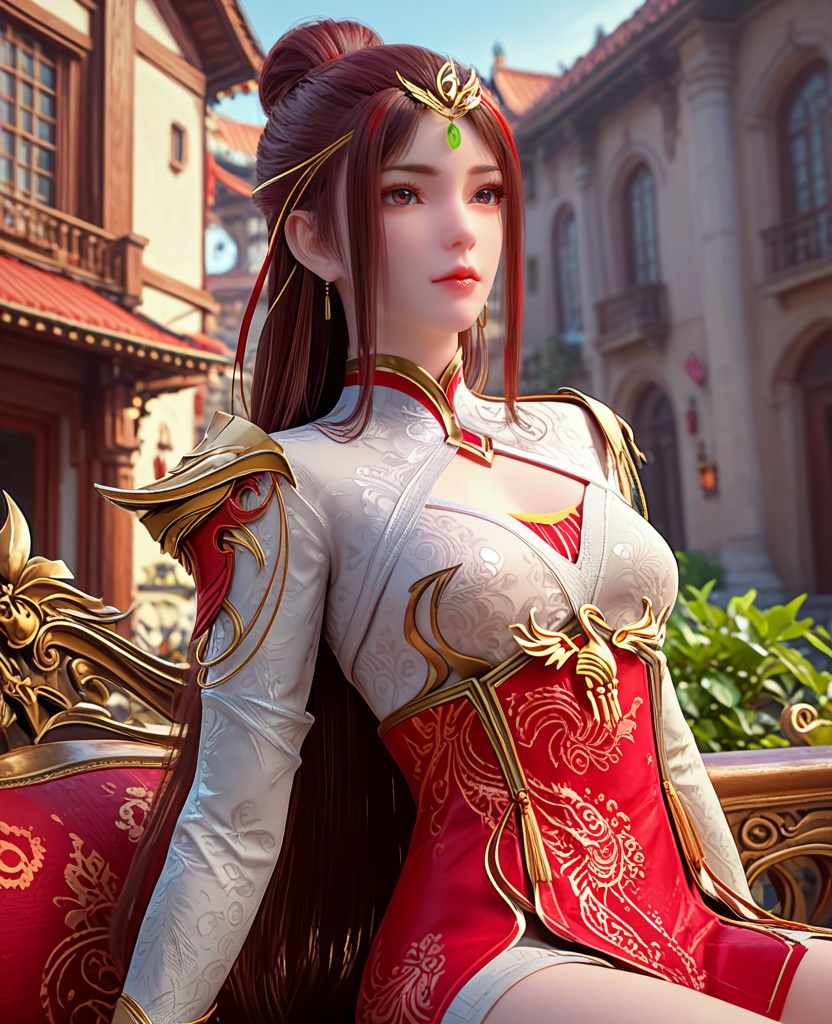 (oriental architecture, elegant decor, sophisticated style:1.1),Sitting on the edge of a chair,(breasts:1.2),<lora:XL完美世界红凰:0.95>,miss honghuang,solo,white corset with red bra underneath,white bolero,red overskirt,red eyes,brown hair,long hair,hair bun,left earcap,streaked hair,forehead pendan,long sleeves,lips,shoulder armor,, zPDXL2, score_9, score_8_up, score_7_up BREAK realistic, masterpiece,best quality, highly detailed,, zPDXL3, zPDXL2,zPDXL, zPDXLxxx, zPDXLrl,