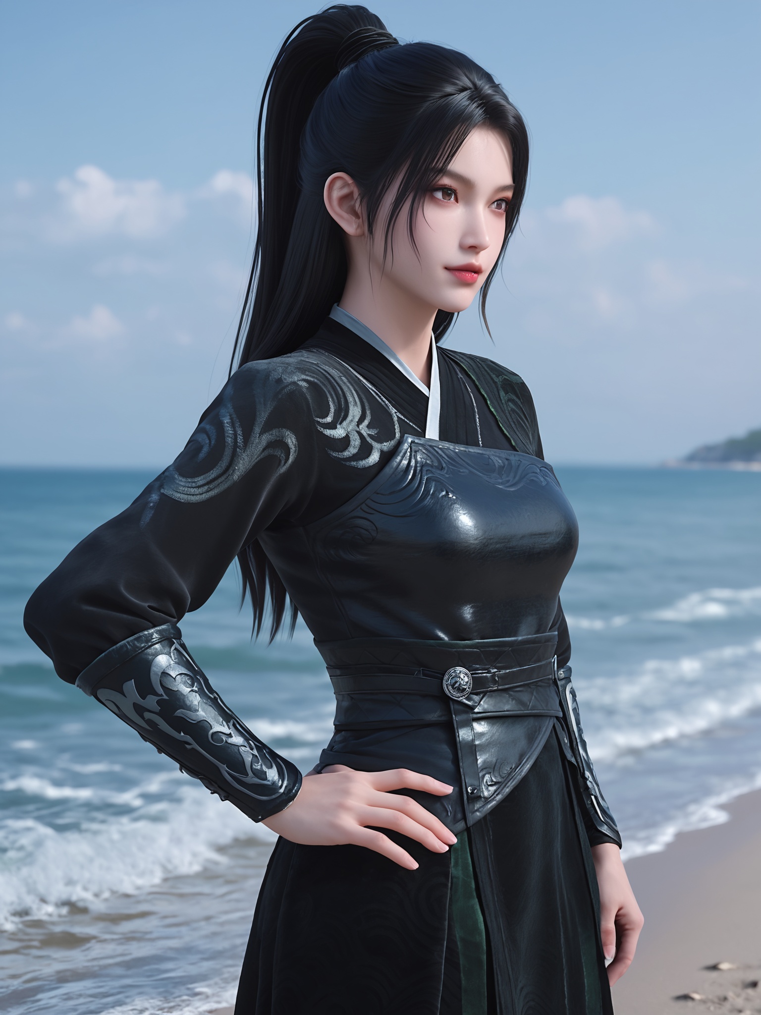 realistic style photo outstanding style,tall,cute,in her teens. Use soft lighting to cast gentle shadows on the subject,adding a touch of dimension to your images without compromising details,score_9,score_8_up,score_7_up,Seaside,beach,waves,<lora:剑来-宁姚黑衣Pony:0.65>,black hair in high ponytail adorned with a delicate hairpin,dark,form-fitting outfit,long sleeve,black tunic with intricate silver designs,black skirt with a high waist,