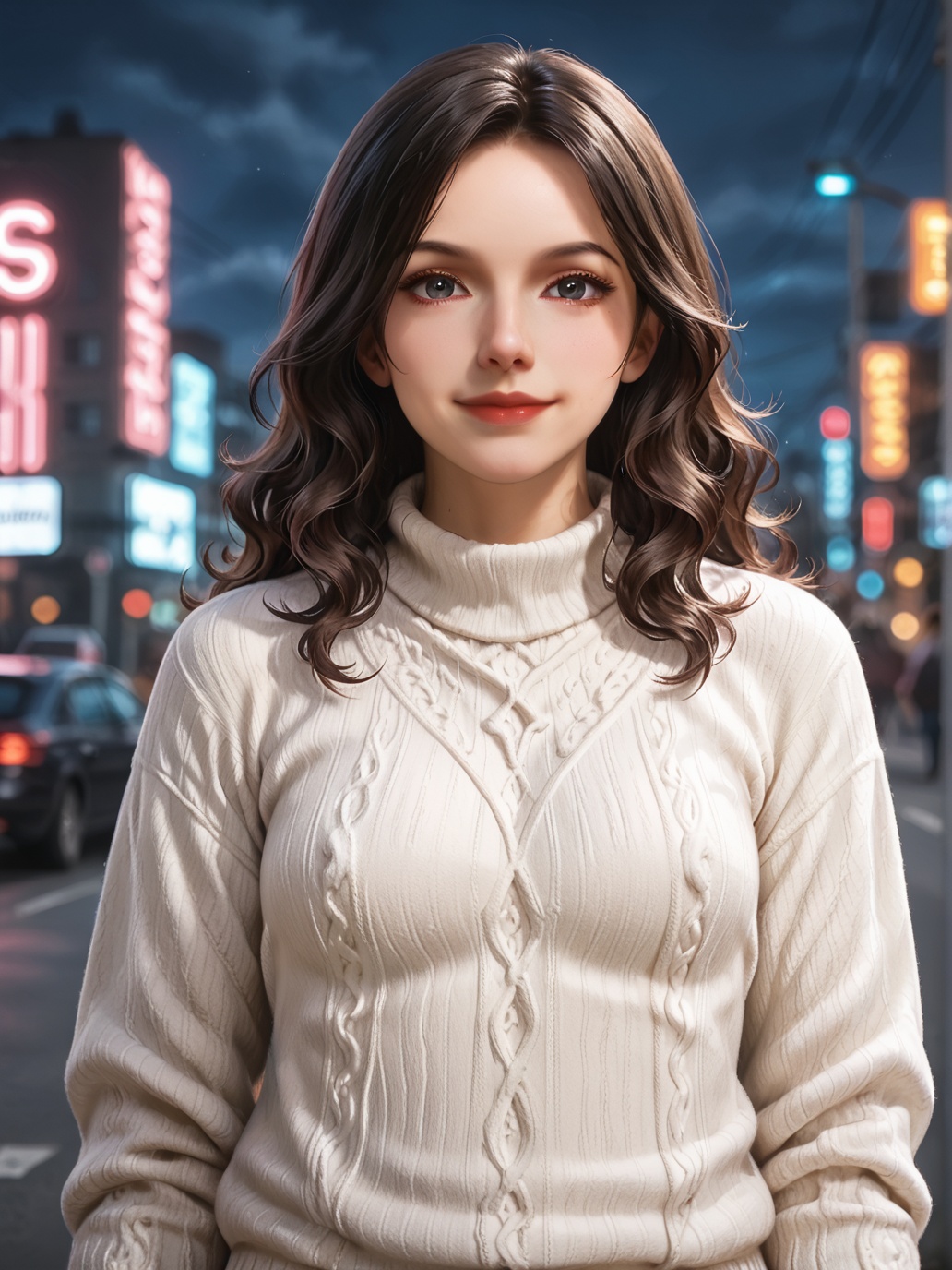 score_9,score_8_up,score_7_up,source_realistic,rating_safe,realistic,photo realistic,ultra realistic,<lora:ZhouYi-Pony:0.65>,zhouyi,(cowboy shot),(looking at viewer),1girl,solo,light_smile,closed mouth,(pink_wavy_hair),(white_sweater),white sweater,neon light,neon trim,cloud,sky,street,soft focus,blurry background,depth of field,best quality,masterpiece,
