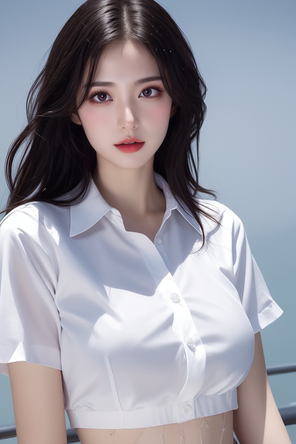 1girl, black hair, bra, bra visible through clothes, breasts, brown eyes, collared shirt, large breasts, lips, long hair, looking at viewer, nose, photorealistic, realistic, see-through, shirt, short sleeves, solo, underwear, upper body, wet clothes, wet shirt, white shirt, wing collar <lora:美女:0.8>