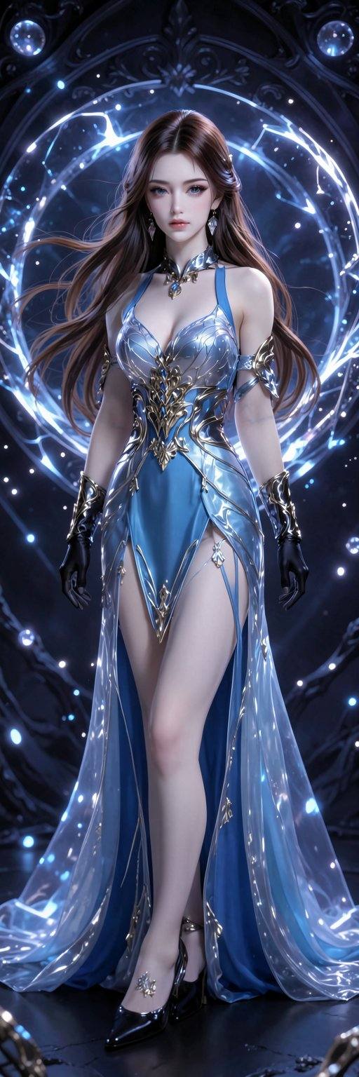 <lora:20260210_TinFlux2KleinAnimeLora2:1>, This is a highly detailed digital artwork featuring a stunning, ethereal woman with long, flowing brown hair and pale skin. She wears a luxurious, revealing silver and blue gown adorned with gold accents and intricate patterns, complemented by black gloves and high-heeled shoes. Her expression is serene, and she stands in a mystical, illuminated, circular portal, surrounded by glowing orbs and a dark, ornate background.