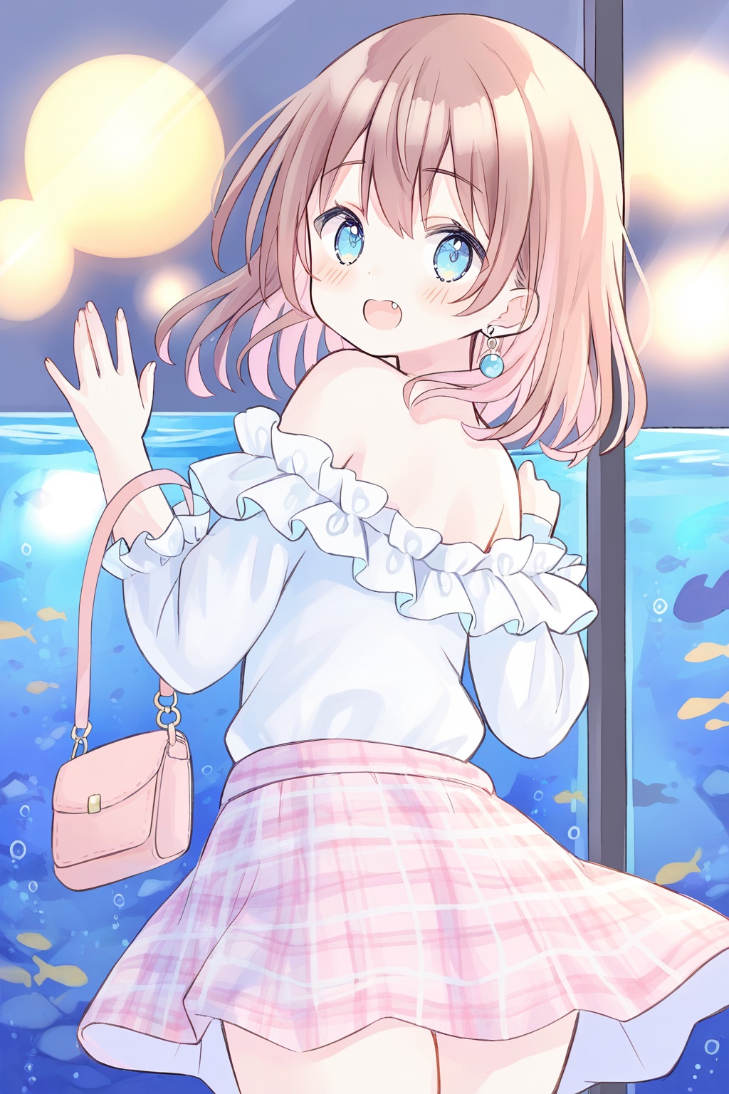 1girl,aquarium,skirt,solo,blue eyes,bag,fish,shirt,smile,earrings,off-shoulder shirt,looking at viewer,jewelry,open mouth,plaid skirt,off shoulder,blush,plaid,:d,long sleeves,fang,handbag,pink hair,looking back,bare shoulders,shoulder bag,from behind,cowboy shot,short hair,frilled shirt,brown hair,hands up,medium hair,frills,against glass,standing,sfw,<lora:fruitsrabbit-000030:0.8>,