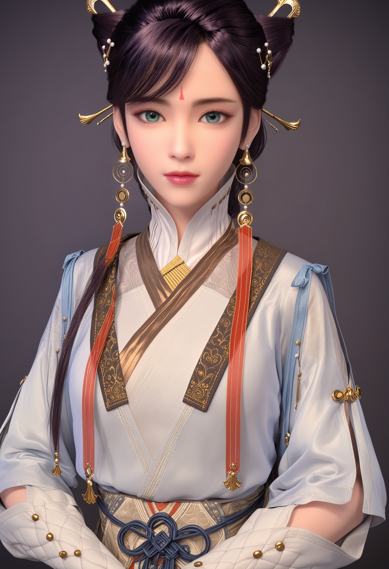 (upper_body:1.2),(looking at viewer:1.1),facing viewer,direct gaze,<lora:YQ_pony_xulingxi2_V4:0.8>,q1528437228,1girl,solo,jewelry,earrings,hair ornament,black hair,lips,chinese clothes,dress,forehead mark,green eyes,hair bun,long hair,makeup,brown hair,hair stick,long sleeves,tassel,boots,white pantyhose,braid,blue eyes,brown eyes,double bun,BREAK simple background,pure black background,black background,perfect anatomy,